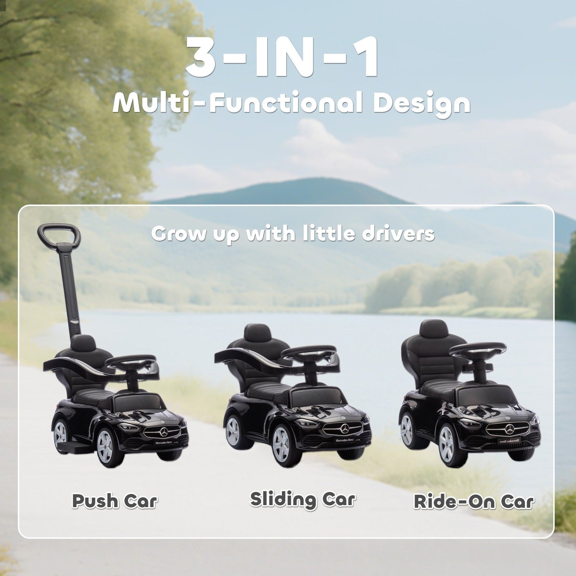 AIYAPLAY 2 in 1 Baby Ride on Push Car Mercedes-Benz C-Class Licensed Walker Foot to Floor Push-Along with Removable Handle, Black