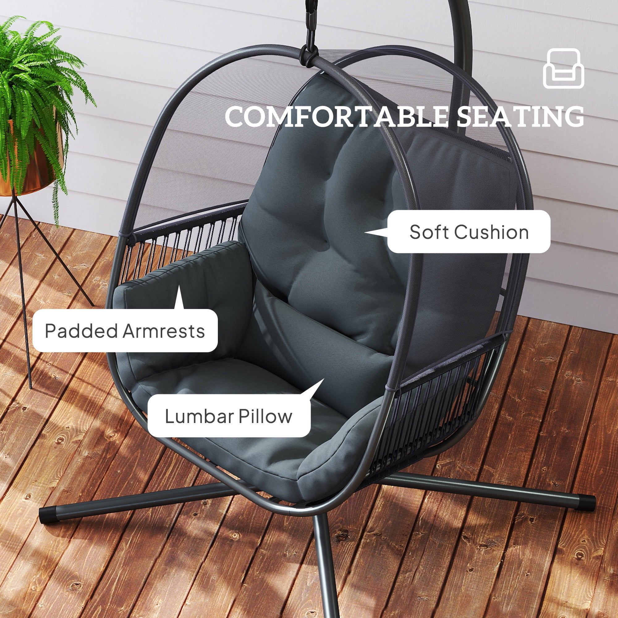 Outsunny Hanging Egg Chair Outdoor Indoor, Swing Hammock Chair with Stand, Cushions, Lumbar Pillow, Adjustable Height and Steel Frame for Garden Patio Lounge Porch, Dark Grey - North Peak Garden Furniture