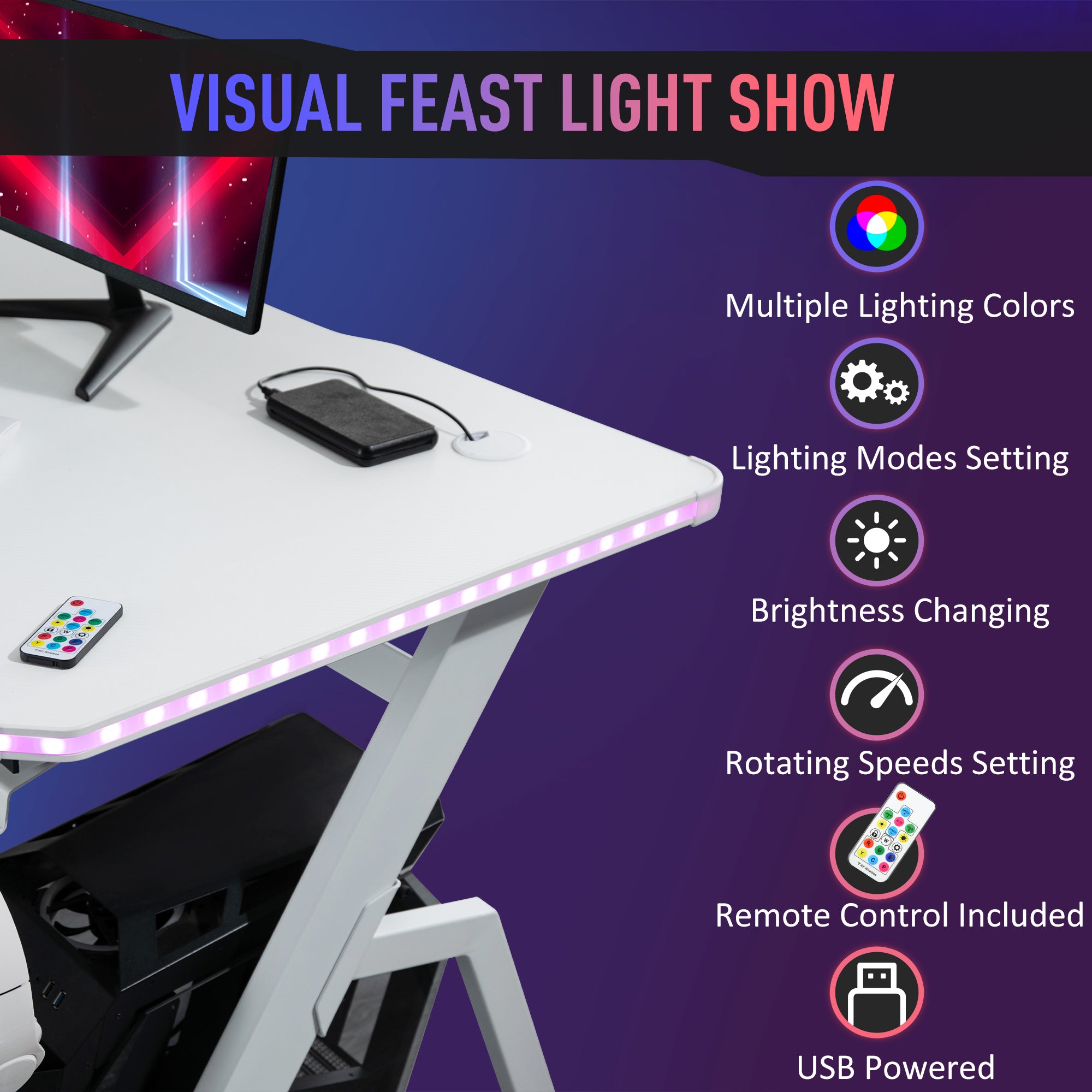 HOMCOM RGB 120 x 66cm Gaming Desk, Computer Table with Carbon Fibre Surface, Headphone Hook, Cup Holder, Controller Rack, Home Office Desk, White - North Peak Garden Furniture