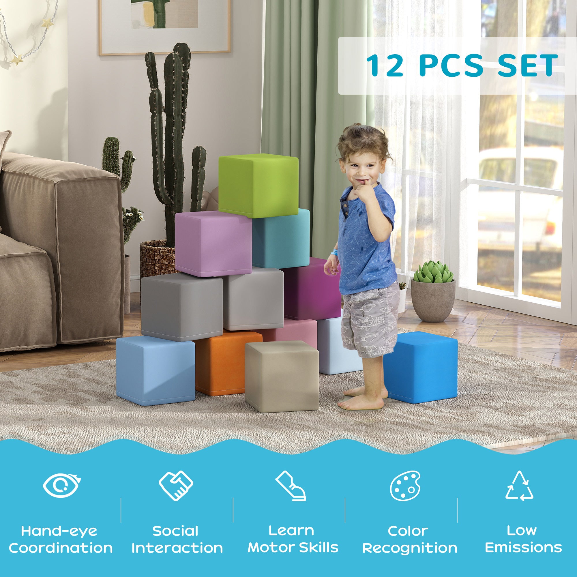 HOMCOM 12 PCs Soft Play Blocks, Soft Foam Toy, Building and Stacking Blocks for Kids, Blue - North Peak Garden Furniture
