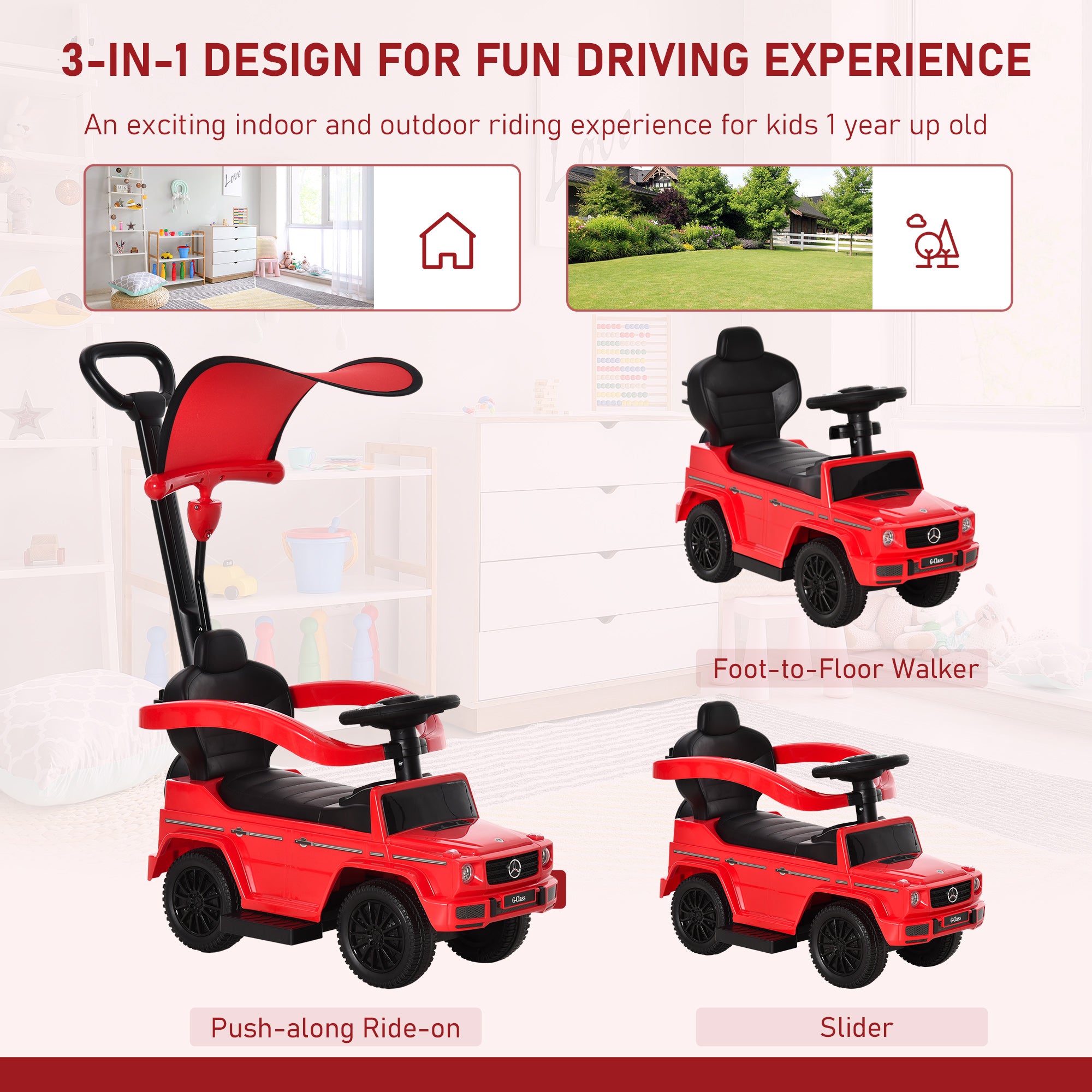 HOMCOM 3 in 1 Kids Children Ride on Push Car Toddler Sliding Car G350 Licensed Walker Foot to Floor Slider Push-Along with Horn Steering Wheel NO POWER Manual, Red