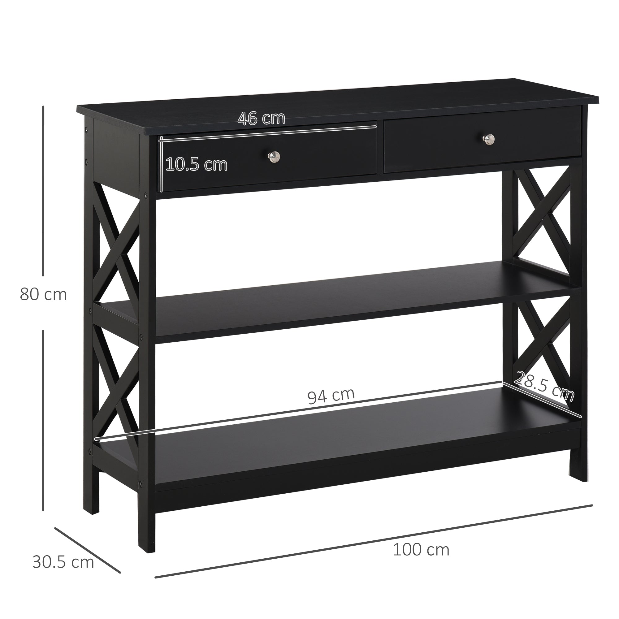 HOMCOM Console Table Side Desk w/ Shelves Drawers Open Top X Support Frame Living Room Hallway Home Office Furniture Black