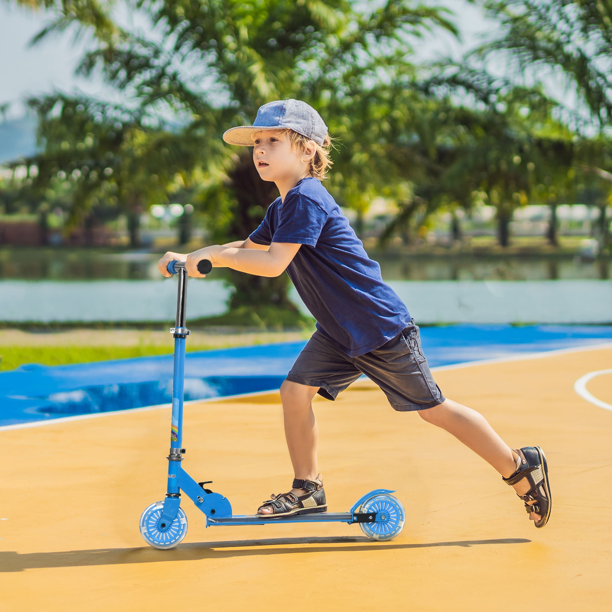 HOMCOM Kids Scooter, with Lights, Music, Adjustable Height, Foldable Frame, for Ages 3-7 Years - Blue - North Peak Garden Furniture
