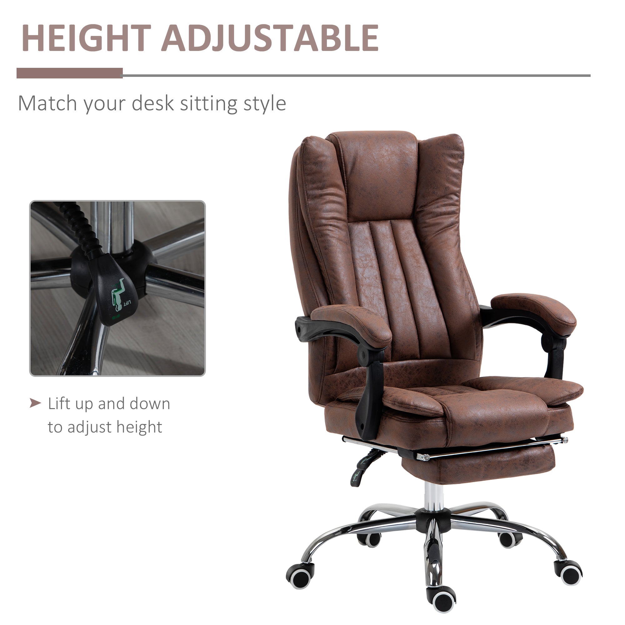 Vinsetto Home Office Chair Microfibre Desk Chair with Reclining Function Armrests Swivel Wheels Footrest Brown - North Peak Garden Furniture