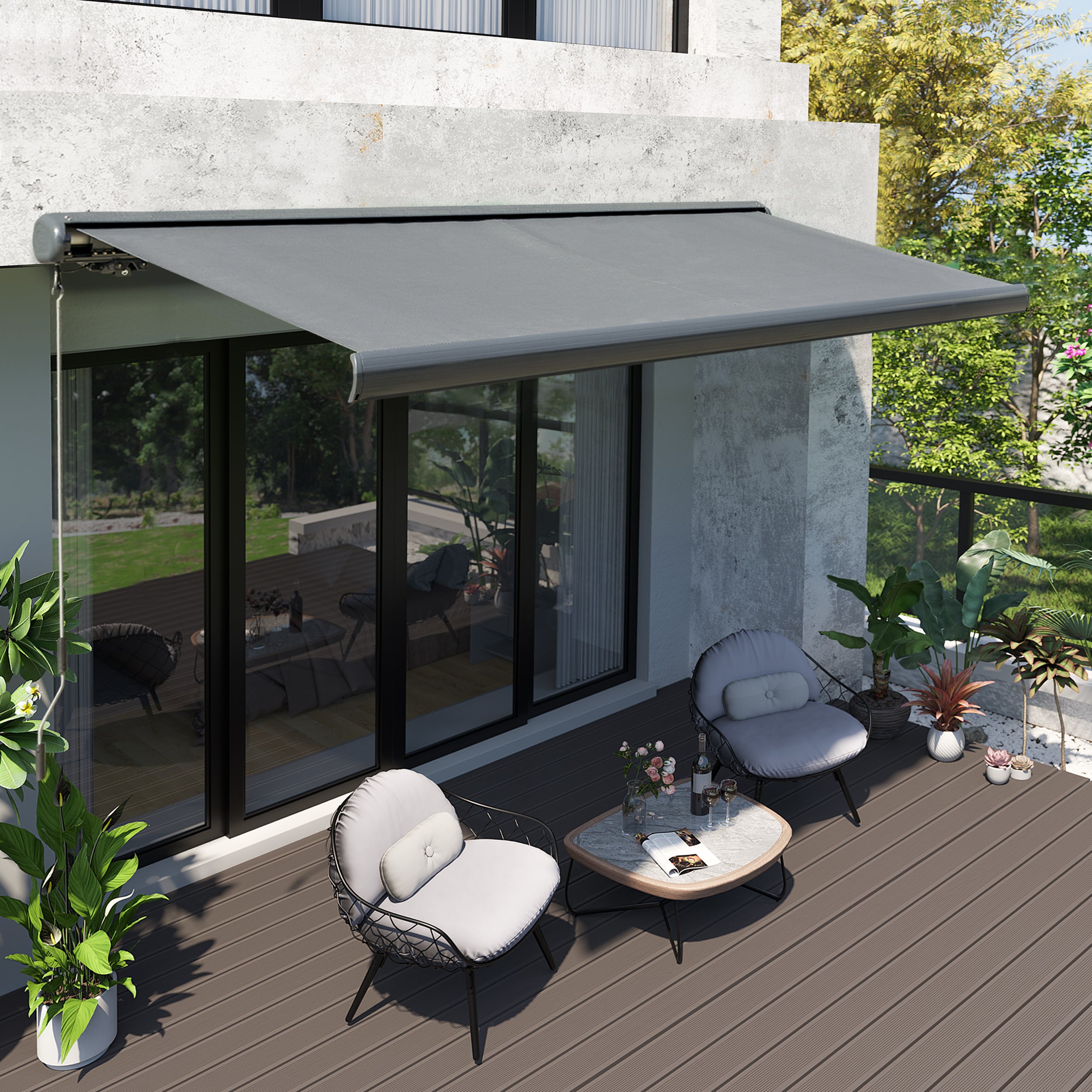 Outsunny 3.5x3m LED Light Full Cassette Case Electric/Manual Awning Door Window Sun Shade Patio Canopy Retractable w/ Remote Grey - North Peak Garden Furniture