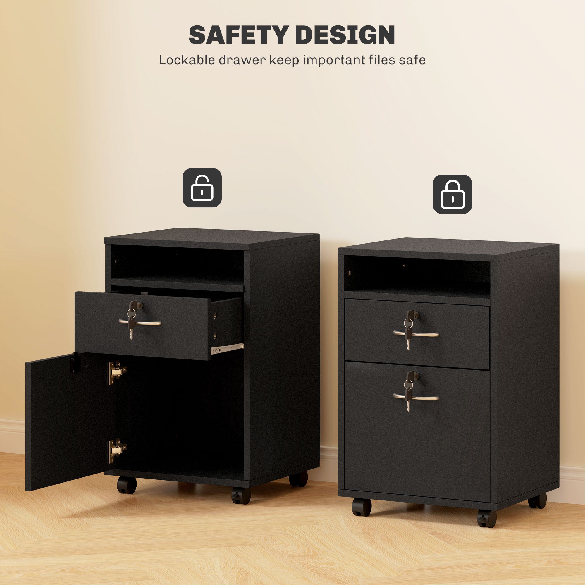 HOMCOM 60cm Filing Cabinet with Drawer, Open Shelf, Metal Handles and 4 Wheels, Office Home Organiser Mobile Printer with Two Locks, Black - North Peak Garden Furniture