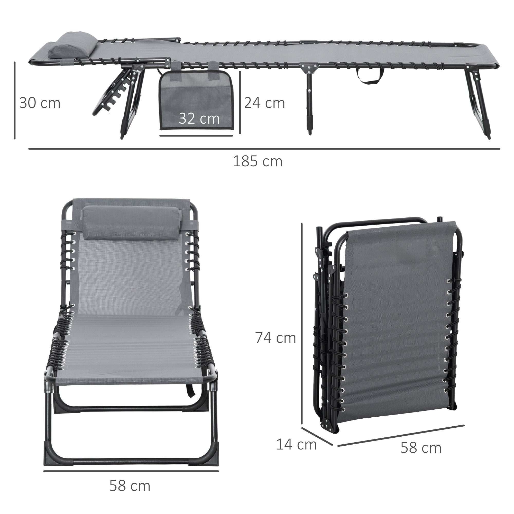 Outsunny Portable Sun Lounger, Folding Camping Bed Cot, Reclining Lounge Chair 5-position Adjustable Backrest with Side Pocket, Pillow for Patio Garden Beach Pool, Grey - North Peak Garden Furniture