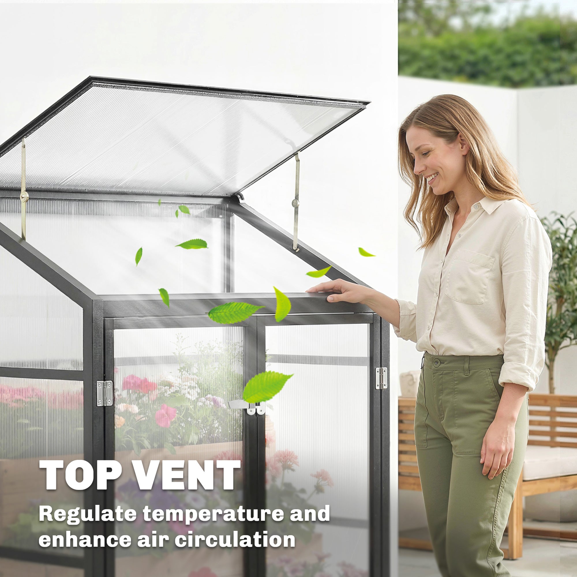 Outsunny 4 x 2ft Polycarbonate Greenhouse, Quick Setup, Lean-to Green House with 2 Hinged Doors, Top Vent, Black