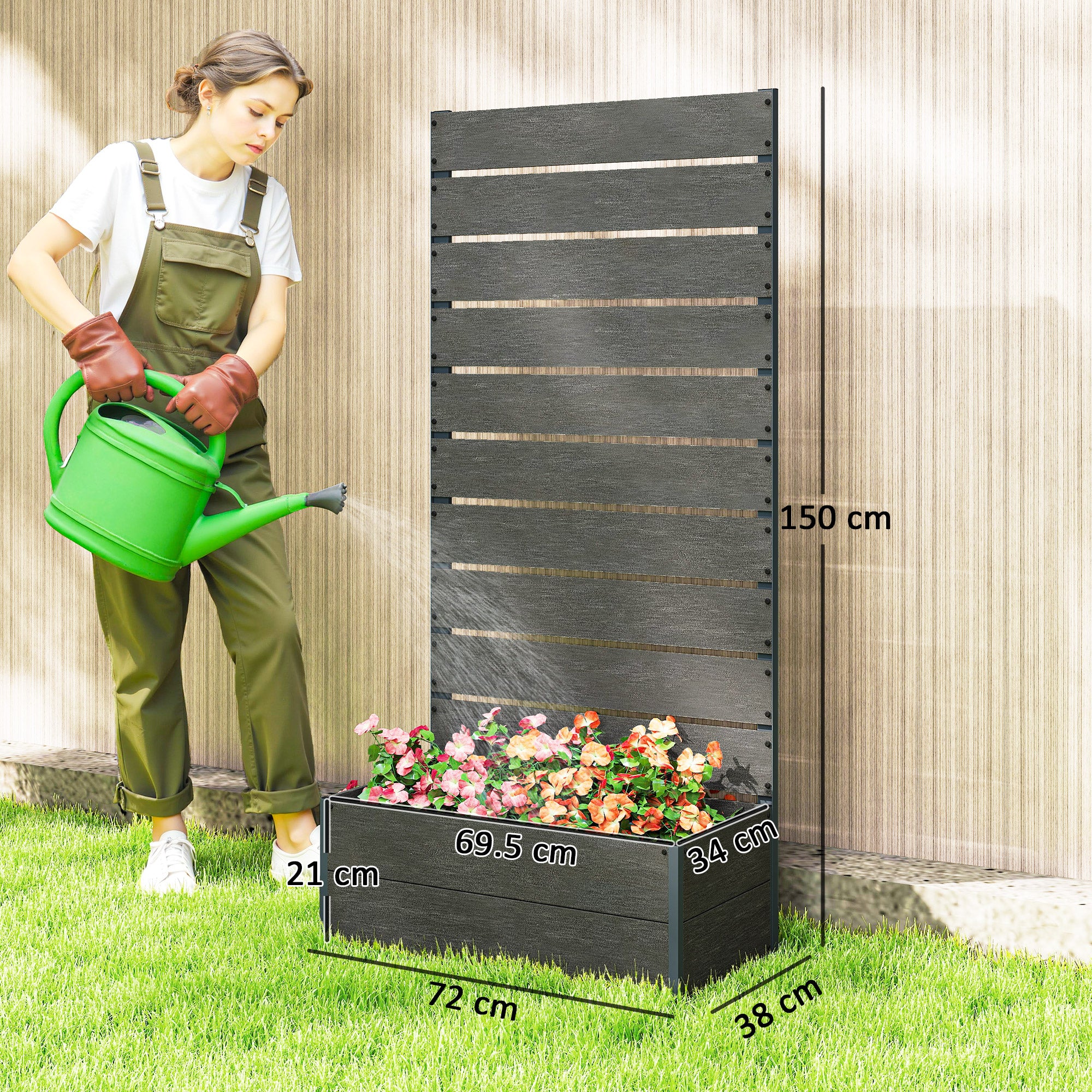 Outsunny 34 x 69.5cm Garden Planter Box, with Back Trellis - Grey