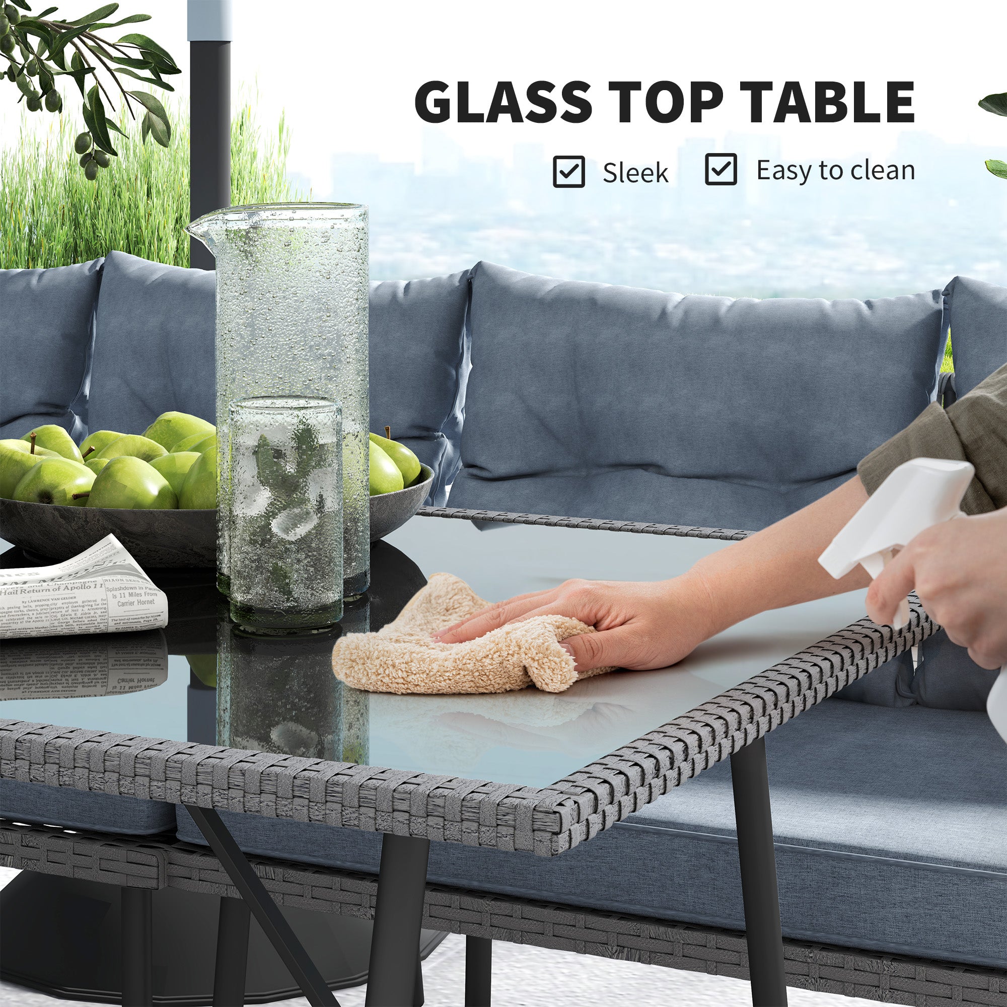 Outsunny 6 Piece Rattan Garden Furniture Set, 8 Seater Garden Corner Sofa with Cushions and Glass Top Table, Sectional Outdoor Furniture Conservatory Set for Patio, Charcoal Grey