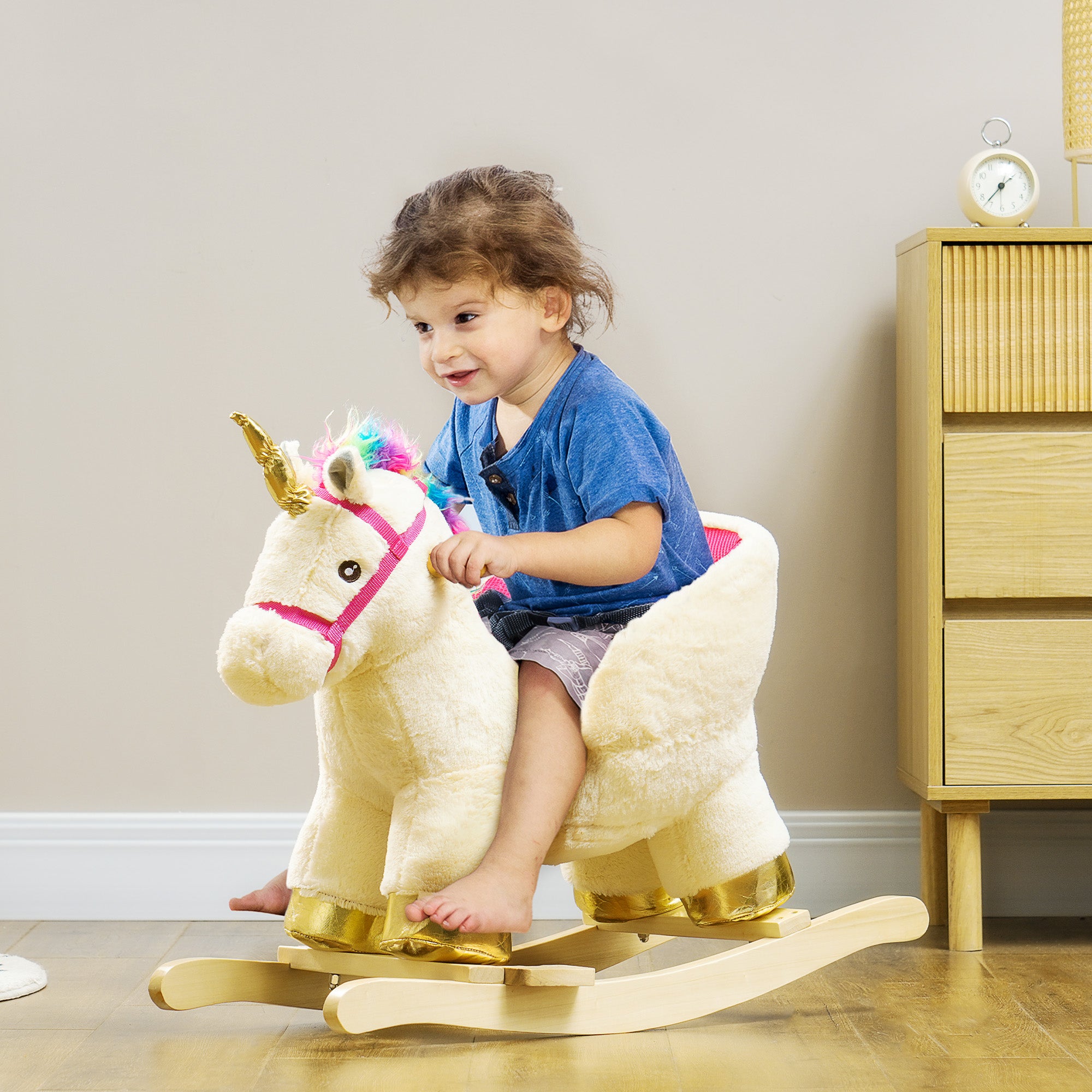 AIYAPLAY Kids Rocking Horse with Realistic Sounds, Safety Belt, Wooden Base, for Ages 18-36 Months, Cream White - North Peak Garden Furniture