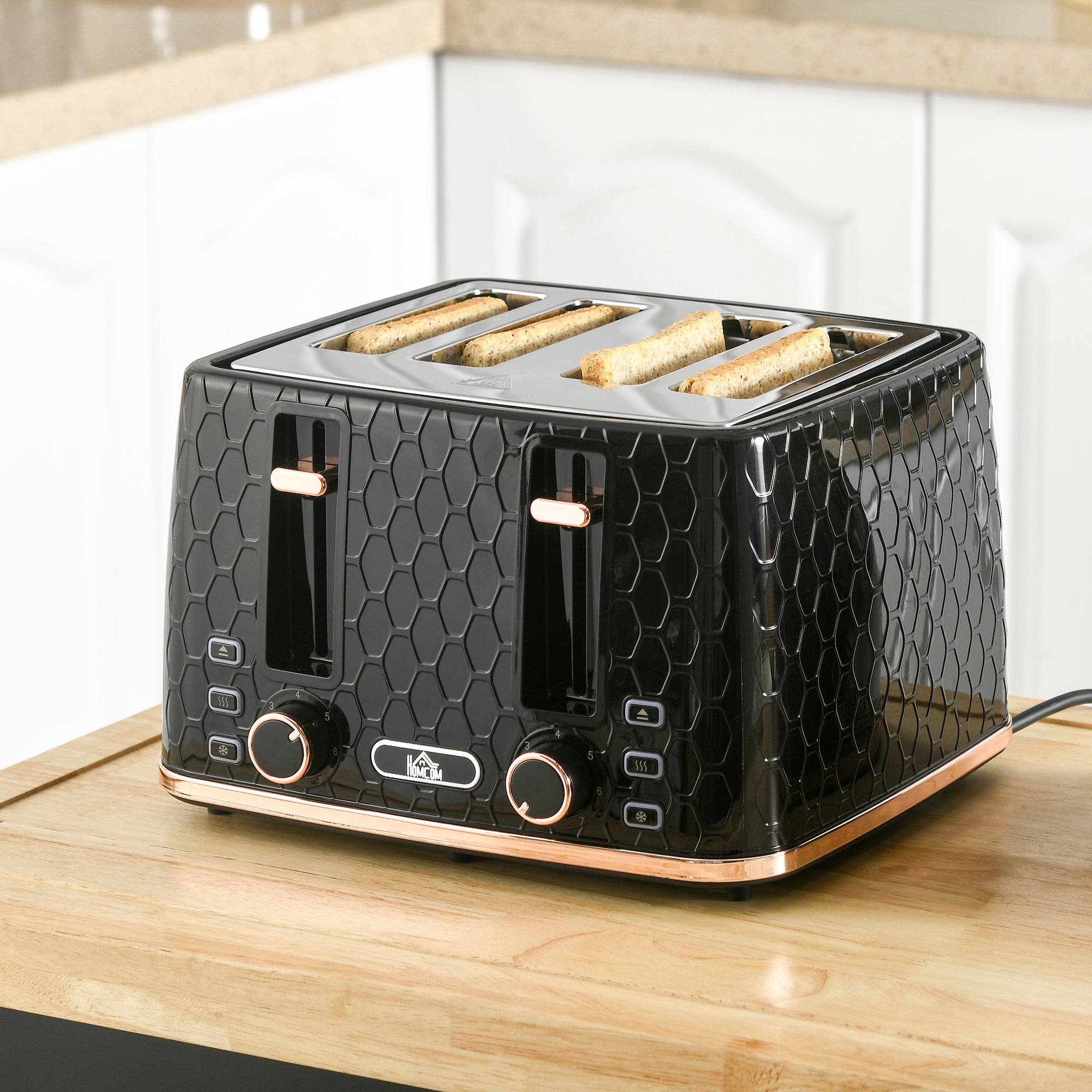 HOMCOM 4 Slice Toaster with 7 Browning Levels, High Lift, Reheat/Defrost/Cancel, Self-centring Function, Removable Crumb Tray, Auto Off, 1600W, Black Honeycomb Texture - North Peak Garden Furniture