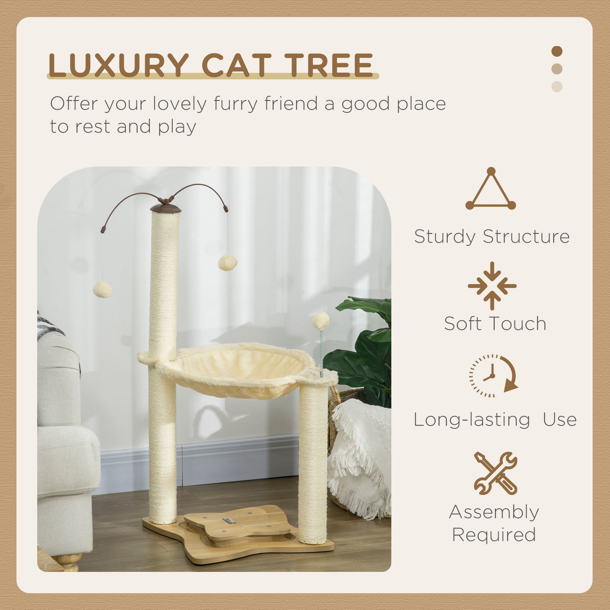 PawHut Cat Tree, with Scratching Posts, Hammock, Toy Ball - Beige - North Peak Garden Furniture