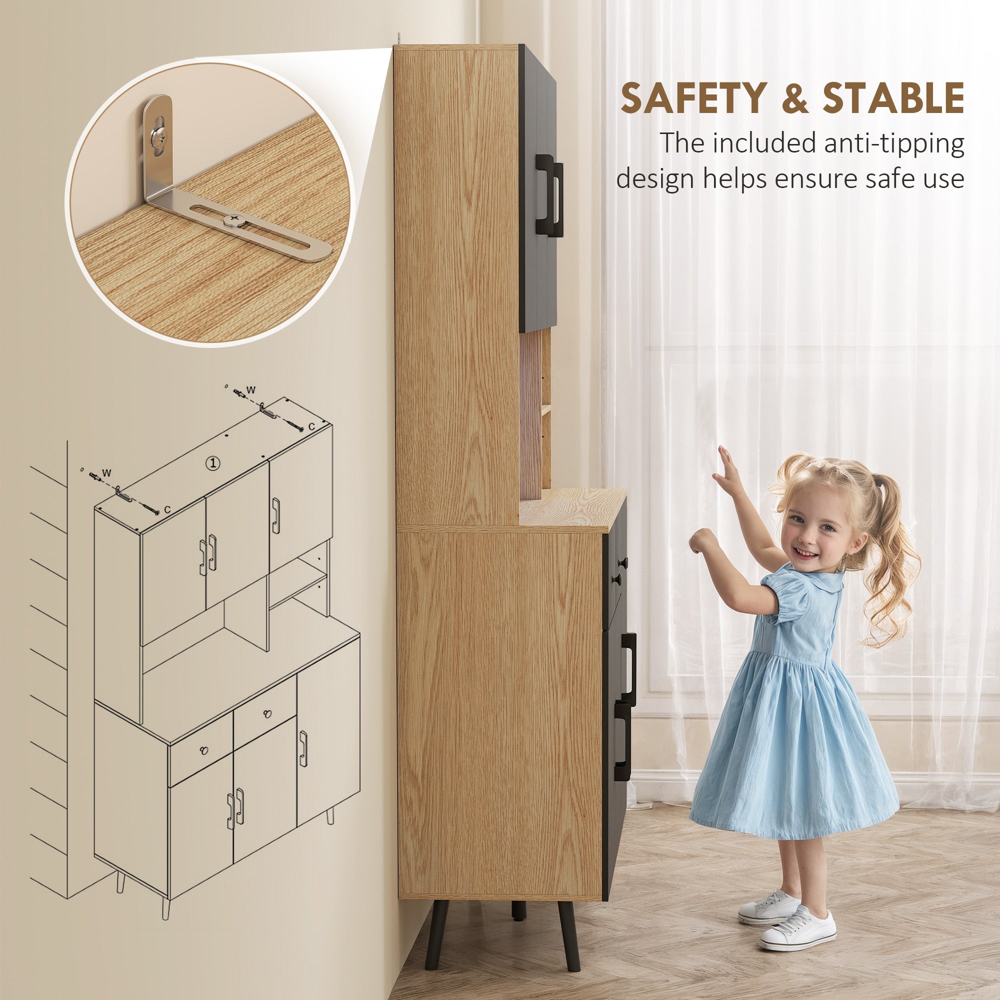 HOMCOM 176 cm Kitchen Cupboard with LED Lights - Oak and Black