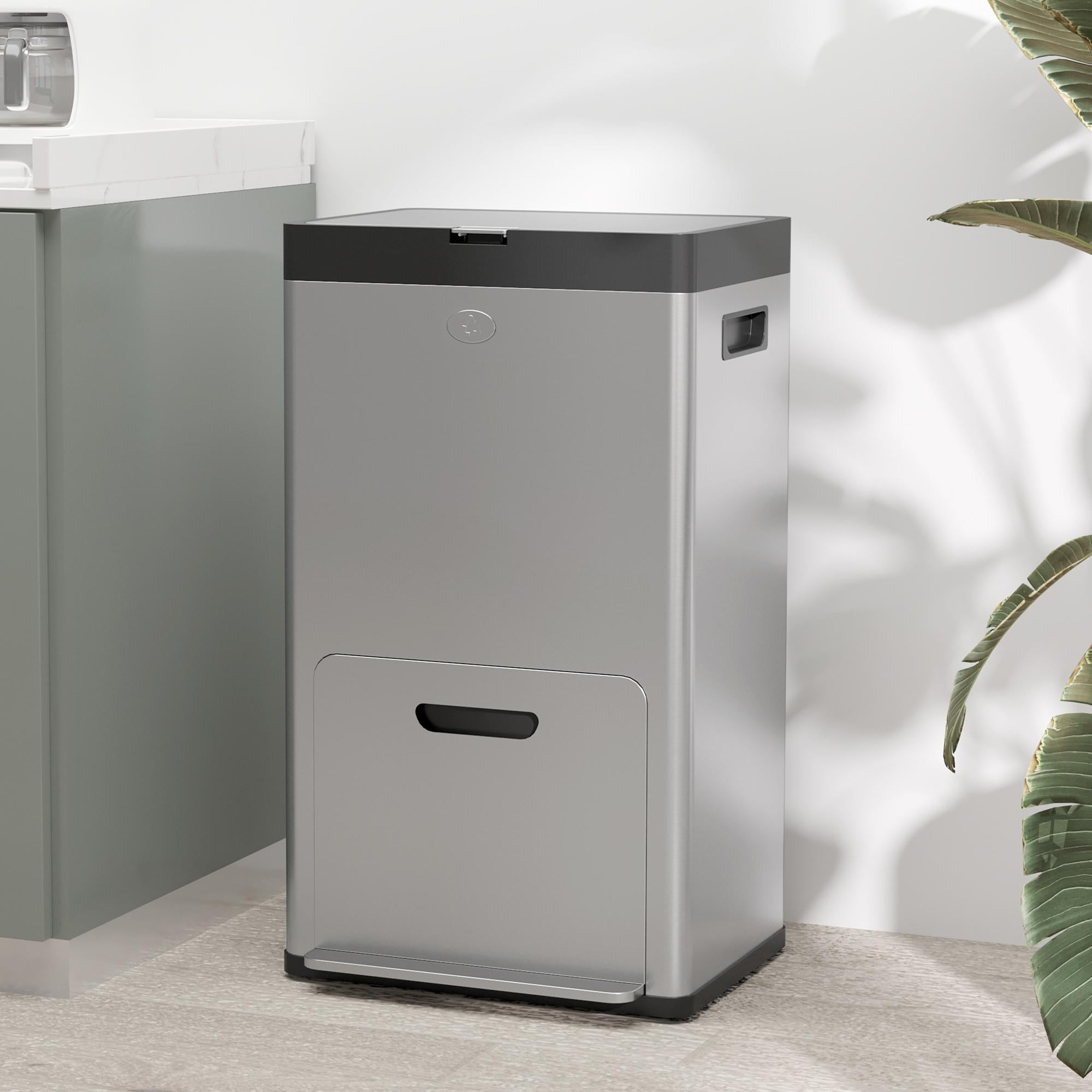 HOMCOM 56L Triple Compartment Stainless Steel Kitchen Bin, with Deodoriser Holders and Wheels - Silver Tone - North Peak Garden Furniture