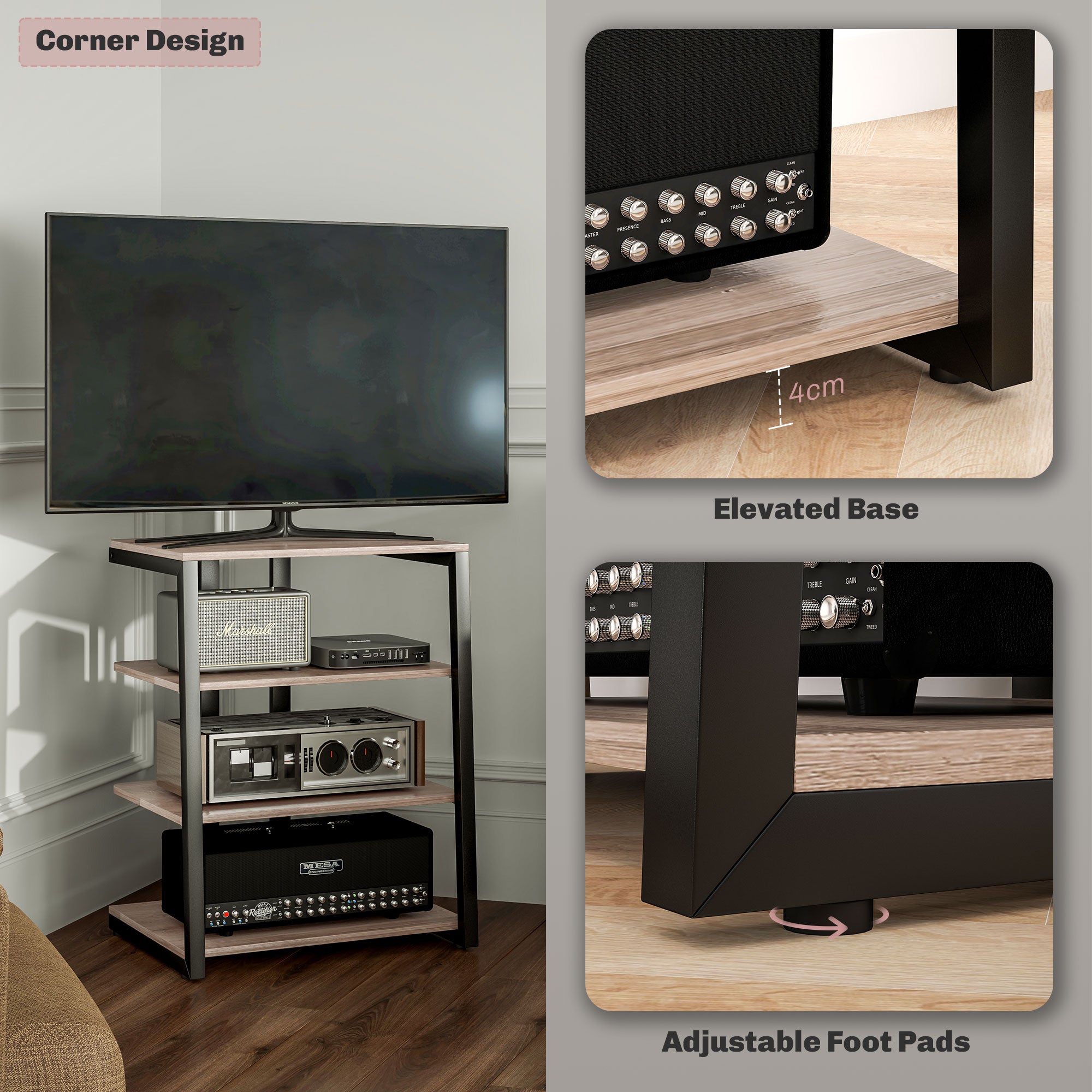 HOMCOM HiFi Stand, with Four Storage Shelves - Grey - North Peak Garden Furniture