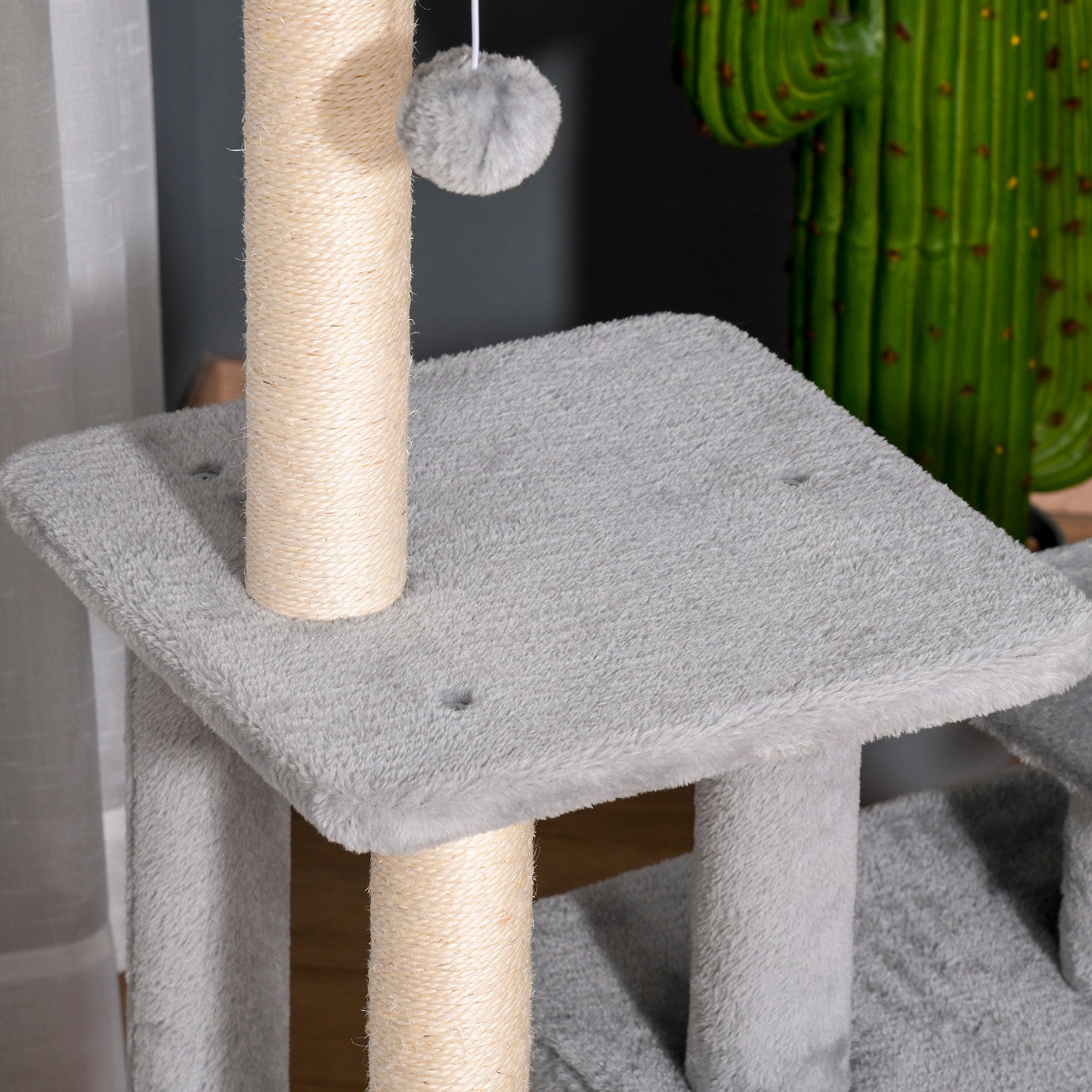 PawHut Feline Fun Tower: 114cm Tall Activity Centre with Scratching Posts, Perch, Dangling Ball & Condo, Light Grey