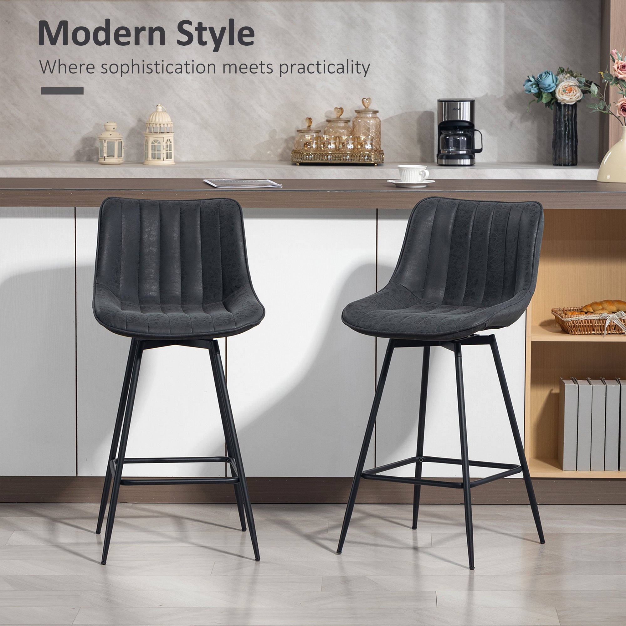 HOMCOM Set of 2 PU Leather Swivel Bar Stools - Black