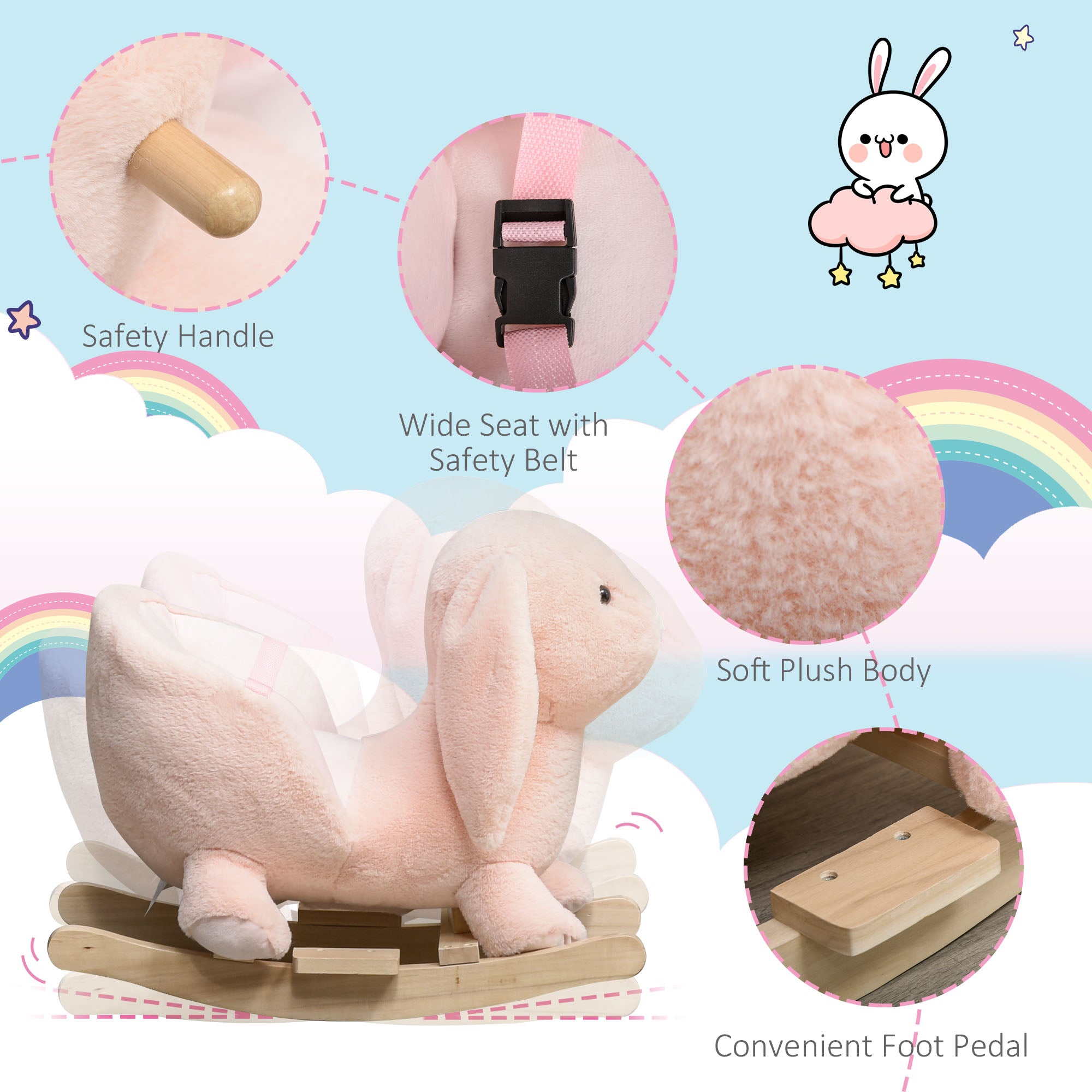 HOMCOM Kids Children Rocking Horse Plush Ride On Rabbit Seat w/ Sound Wood Base Seat Safety Belt Toddler Baby Toy Rocker Pink 18 - 36 Months - North Peak Garden Furniture