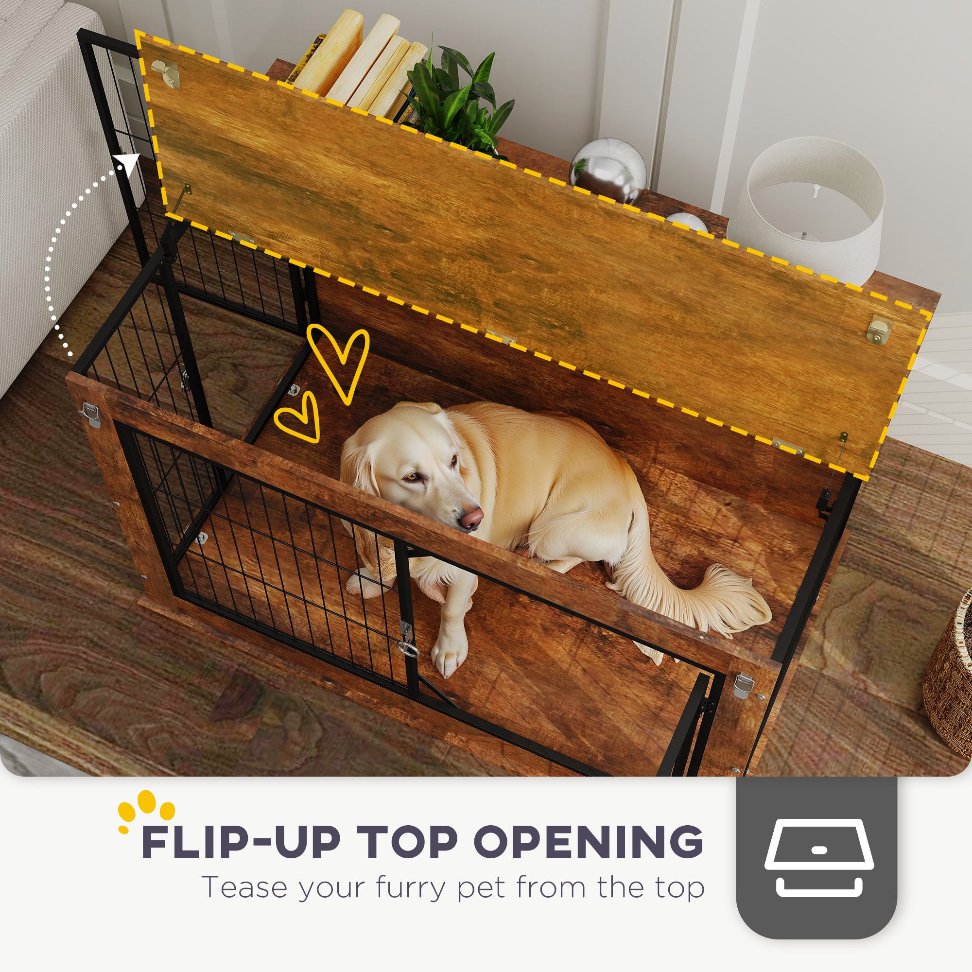 PawHut Dog Crate Furniture with Flip-up Top, 2 Doors, for Large Dogs, 98 x 60 x 65.5cm, Rustic Brown - North Peak Garden Furniture