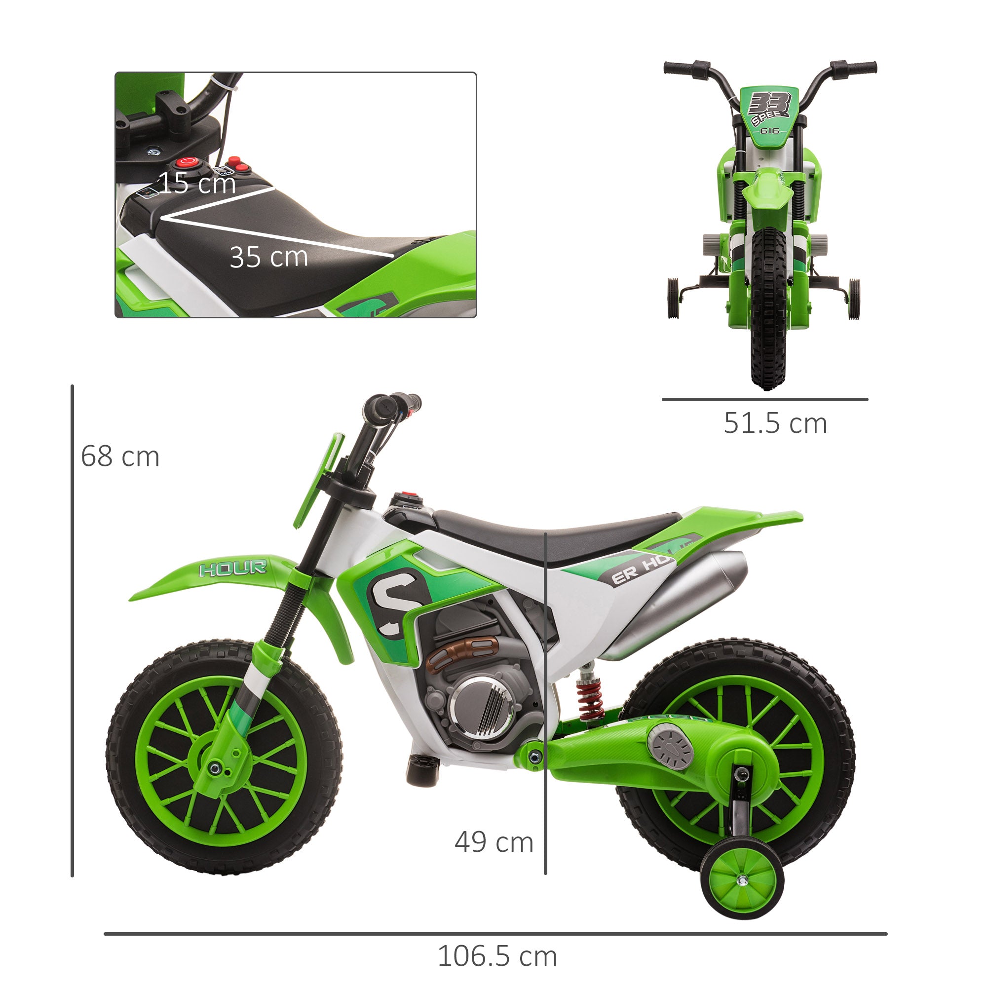 HOMCOM 12V Kids Electric Motorcycle Ride-On, with Training Wheels, for Ages 3-6 Years - Green - North Peak Garden Furniture
