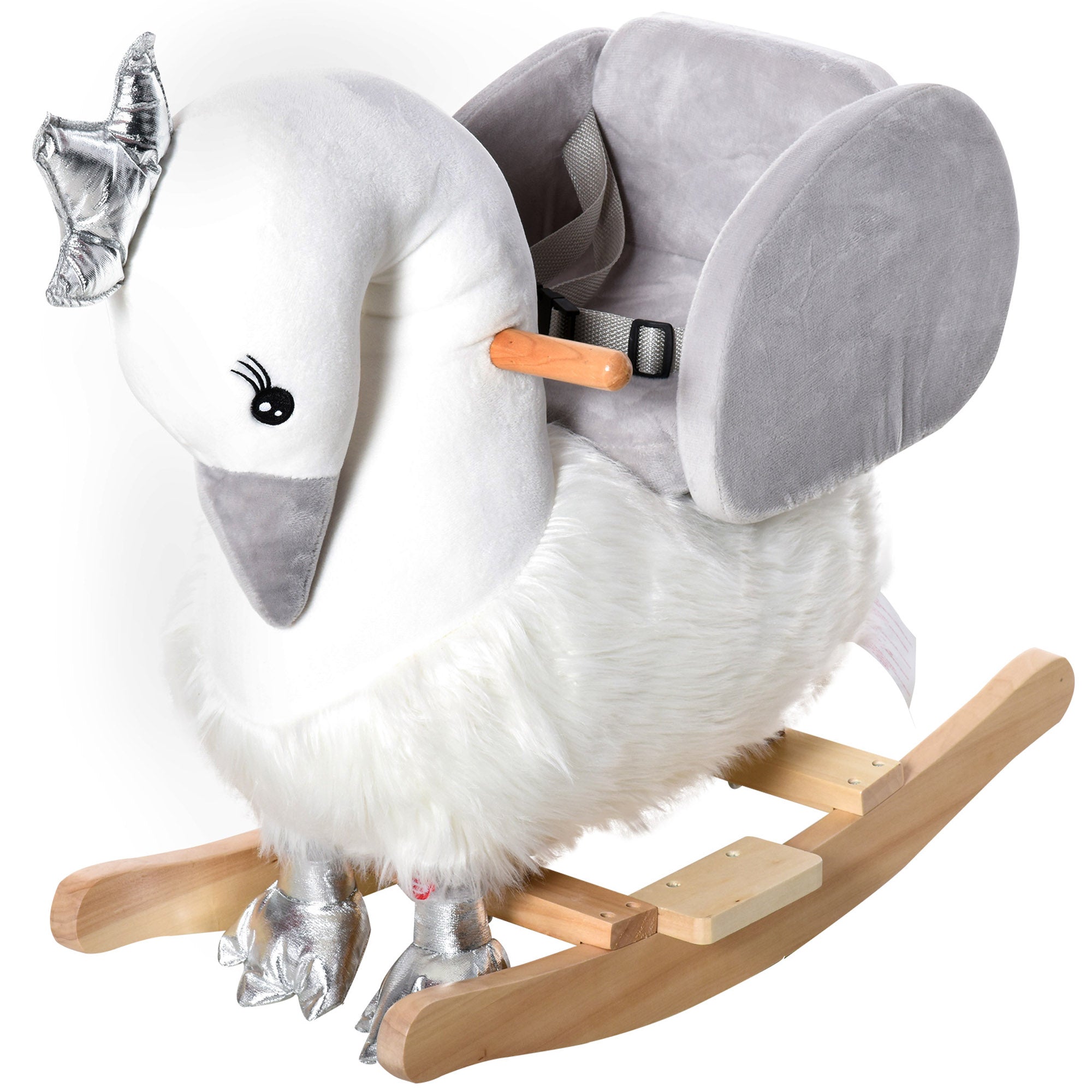 HOMCOM Kids Children Rocking Horse Plush Ride On Swan w/ Sound Wood Base Seat Safety Belt Toddler Baby Toy Rocker 18 - 36 Months