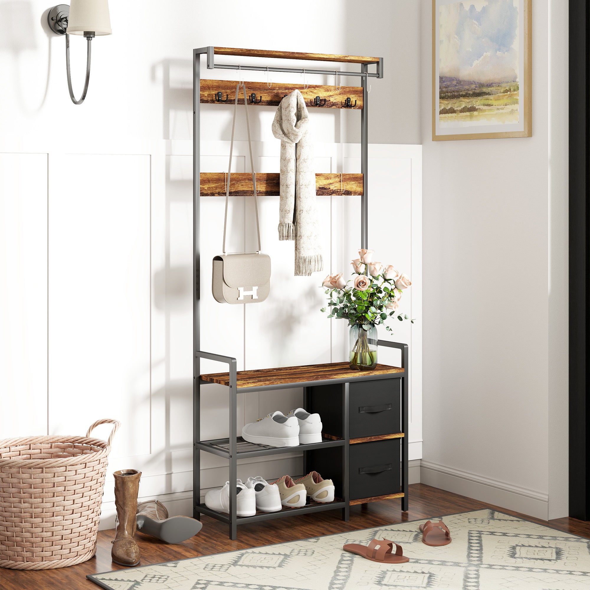HOMCOM Coat Rack with Bench and Shoe Storage, 4-in-1 Coat Stand with 15 Coat Hooks, 2 Fabric Drawers for Hallway, Living Room, Bedroom, Rustic Brown - North Peak Garden Furniture