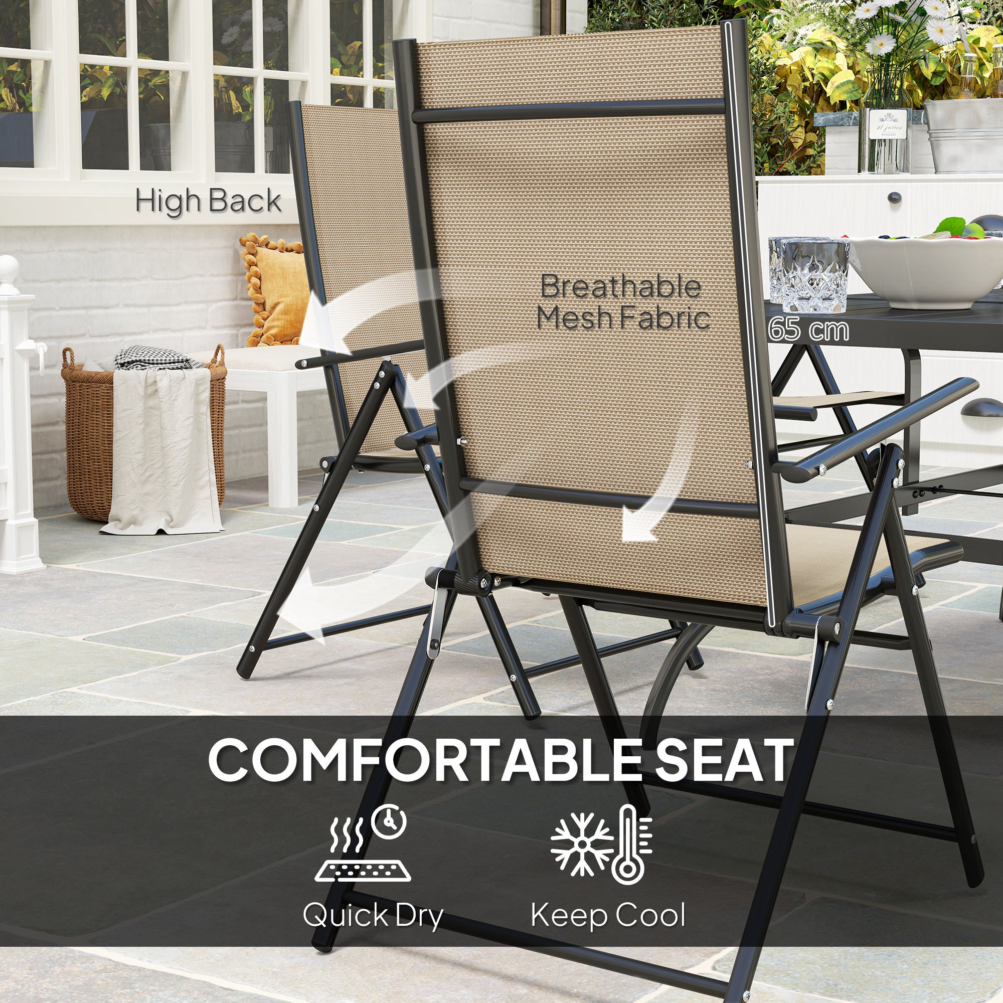 Outsunny Seven-Piece Steel Outdoor Dining Set, with Parasol Hole - Khaki - North Peak Garden Furniture