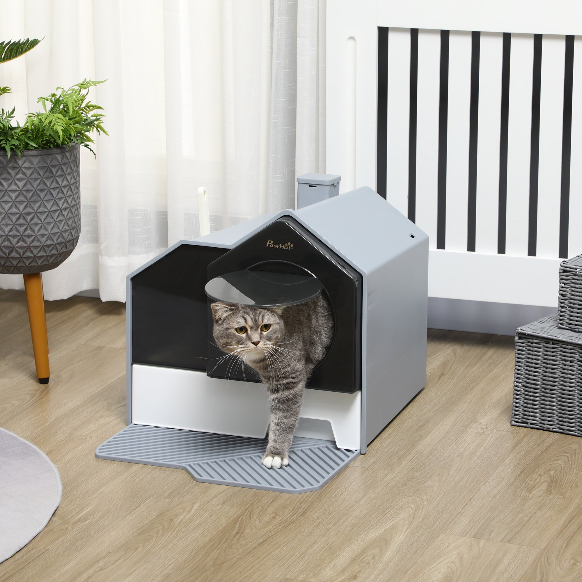 PawHut Hooded Cat Litter Tray with Scoop, Cat Litter Box with Drawer Pan, Handle, Deodorants, Hut Design, Front Entrance, 47 x 45 x 42cm - Grey - North Peak Garden Furniture