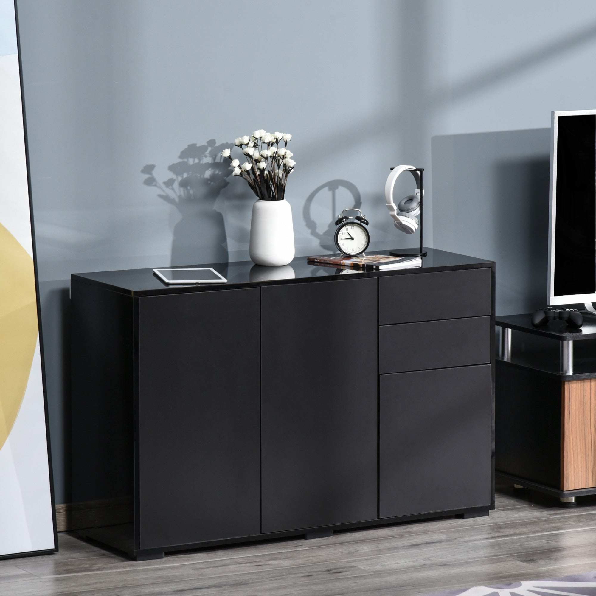 HOMCOM High Gloss Frame Sideboard, Side Cabinet, Push-Open Design with 2 Drawer for Living Room, Bedroom, Black - North Peak Garden Furniture