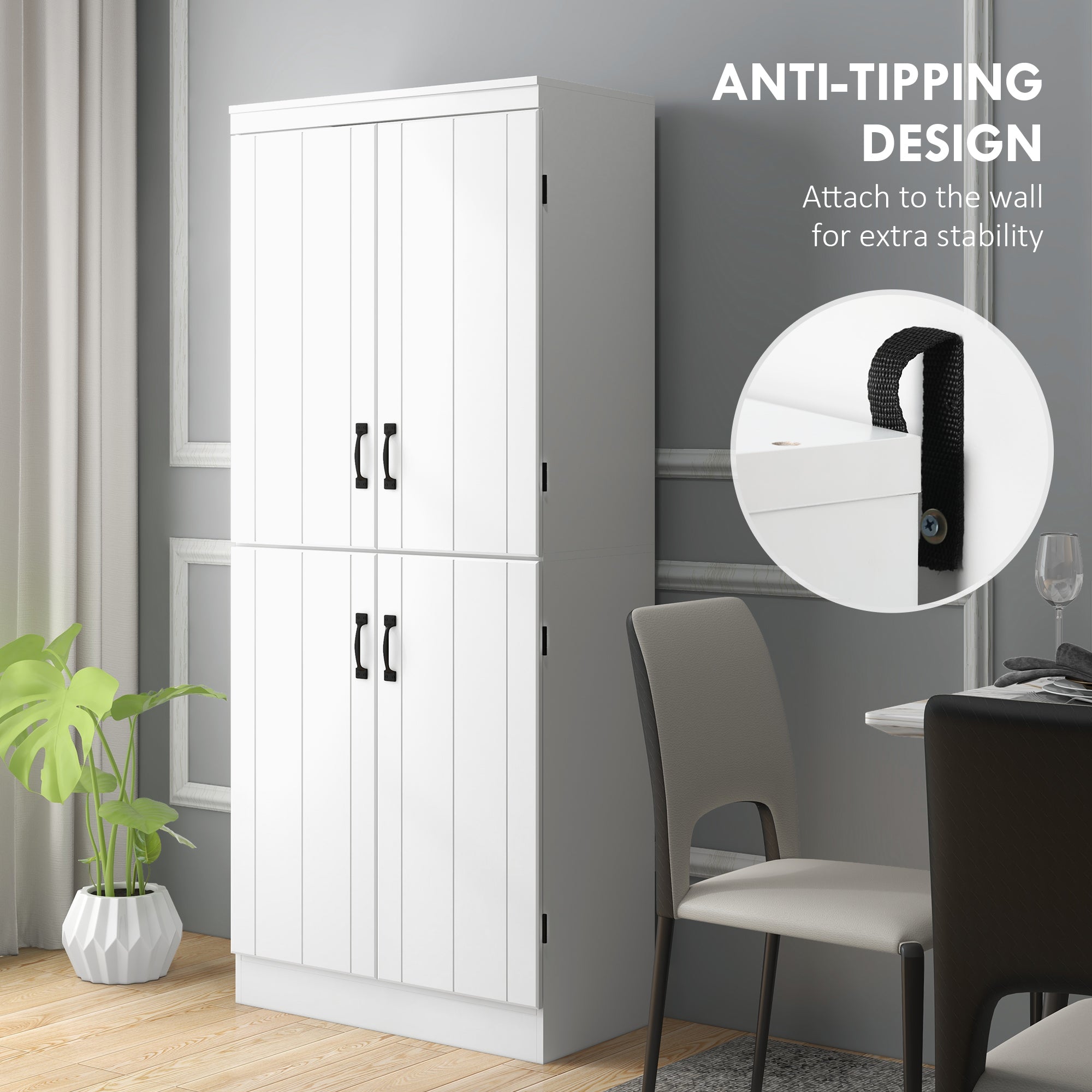 HOMCOM 4-Door Tall Kitchen Cupboard, Freestanding 6-Tier Storage Cabinet with 2 Adjustable Shelves for Living Room, Dining Room, White - North Peak Garden Furniture