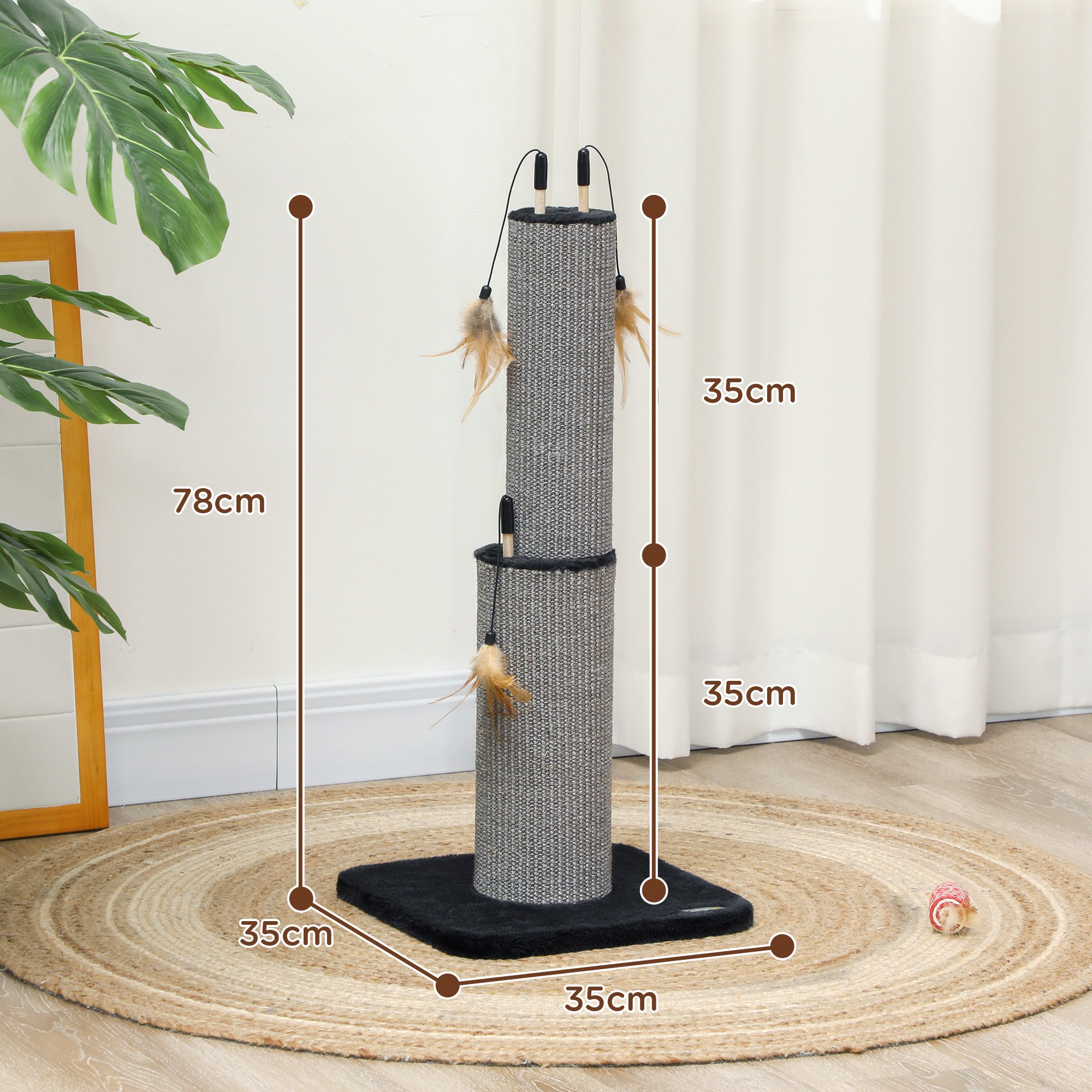 PawHut 78cm Tall 2 in 1 Cat Scratching Post with 3 Toy Feathers, Black - North Peak Garden Furniture