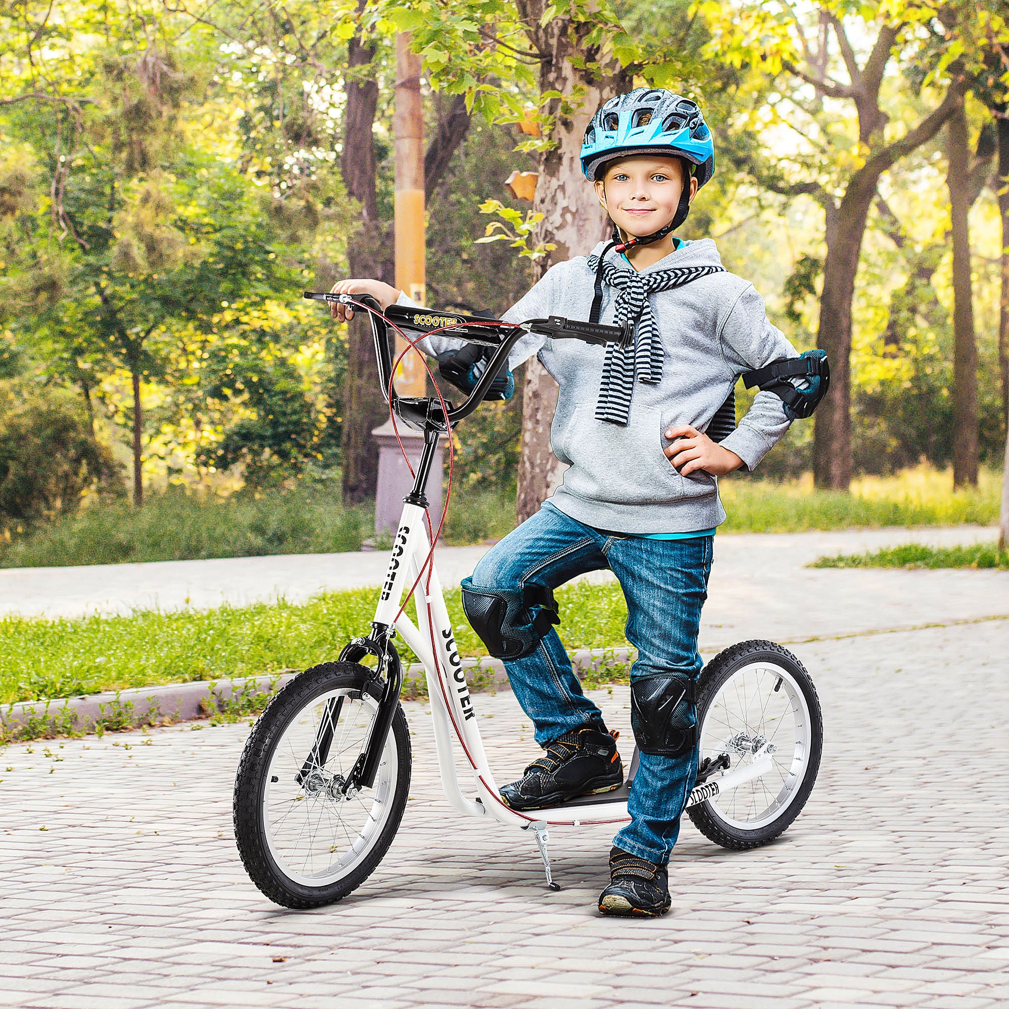 HOMCOM Kick Scooters for Kids with Adjustable Height, Anti-Slip Deck, Dual Brakes, Rubber Tyres, for Boys and Girls Aged 5+ Years Old - White - North Peak Garden Furniture