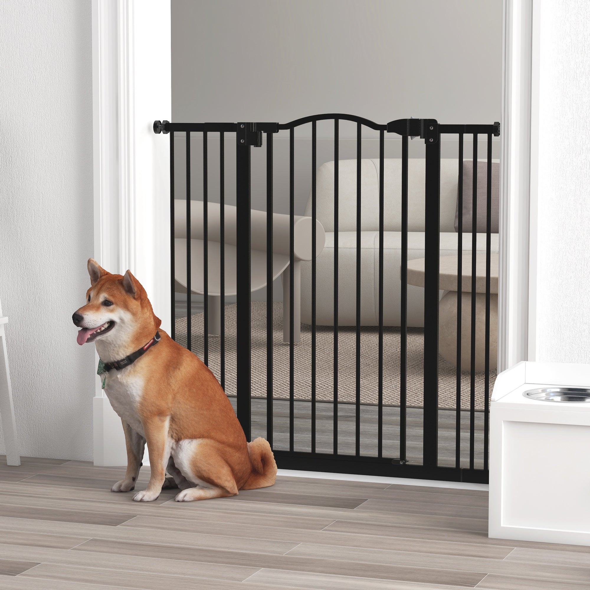 PawHut Pressure Fit Dog Stair Gate No Drilling Safety Gate Auto Close for Doorways, Hallways, 74-100cm Adjustable, 94cm Tall, Black