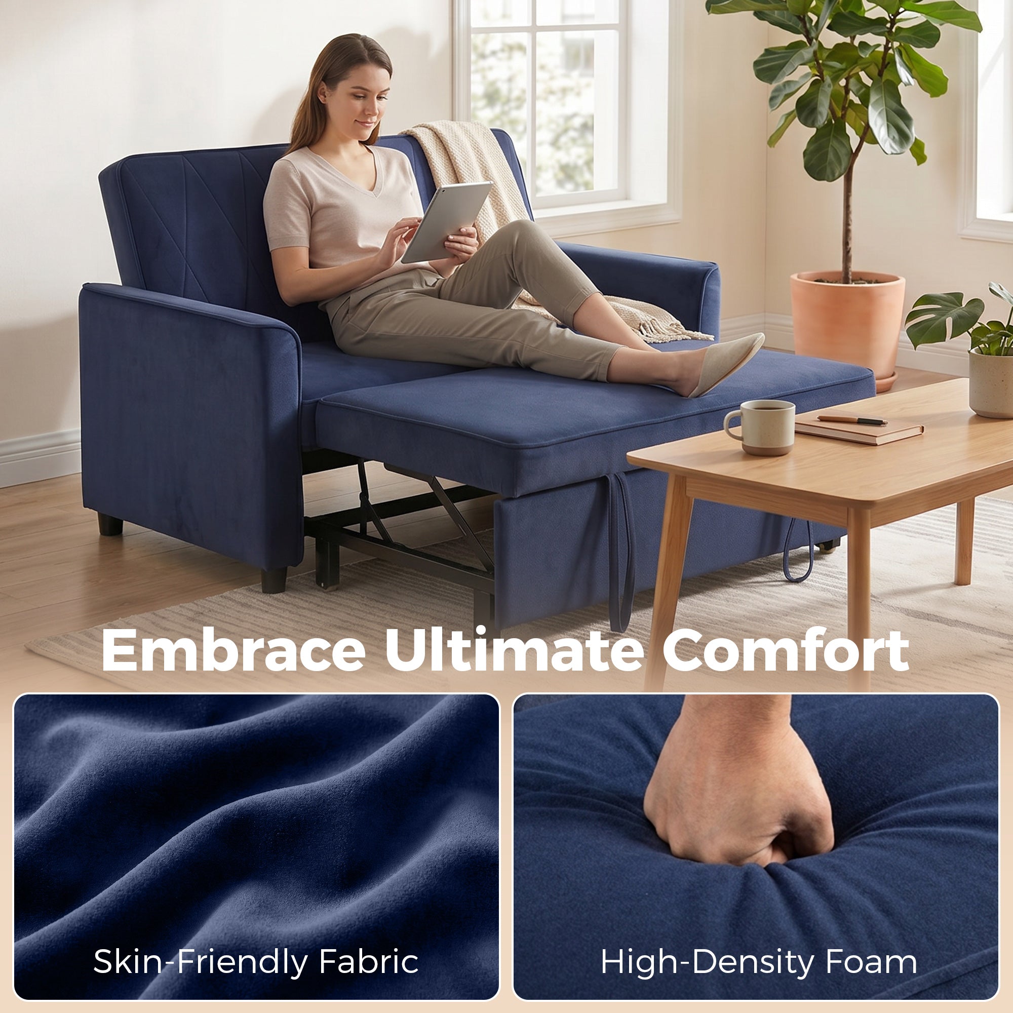 HOMCOM 2 Seater Sofa Bed, 3-in-1 Convertible Pull Out Sleeper Sofa with Click-Clack Adjustable Backrest, Dark Blue