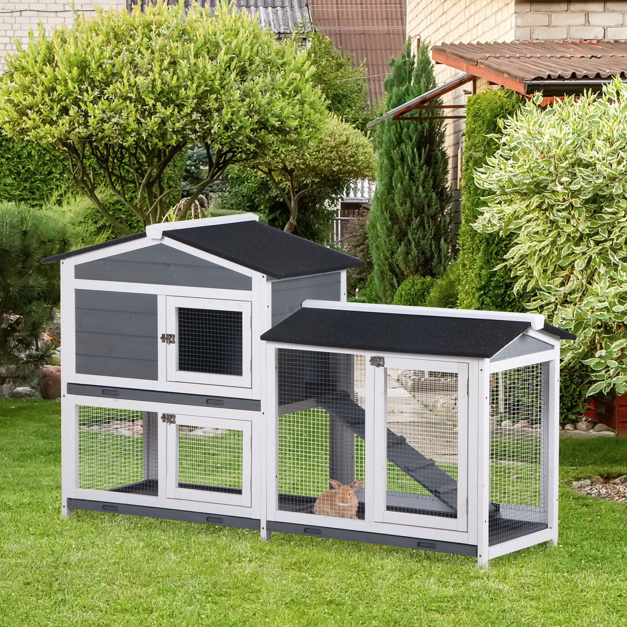 PawHut Wooden 2-Tier Rabbit Hutch w/ Tray Ramp Grey - North Peak Garden Furniture