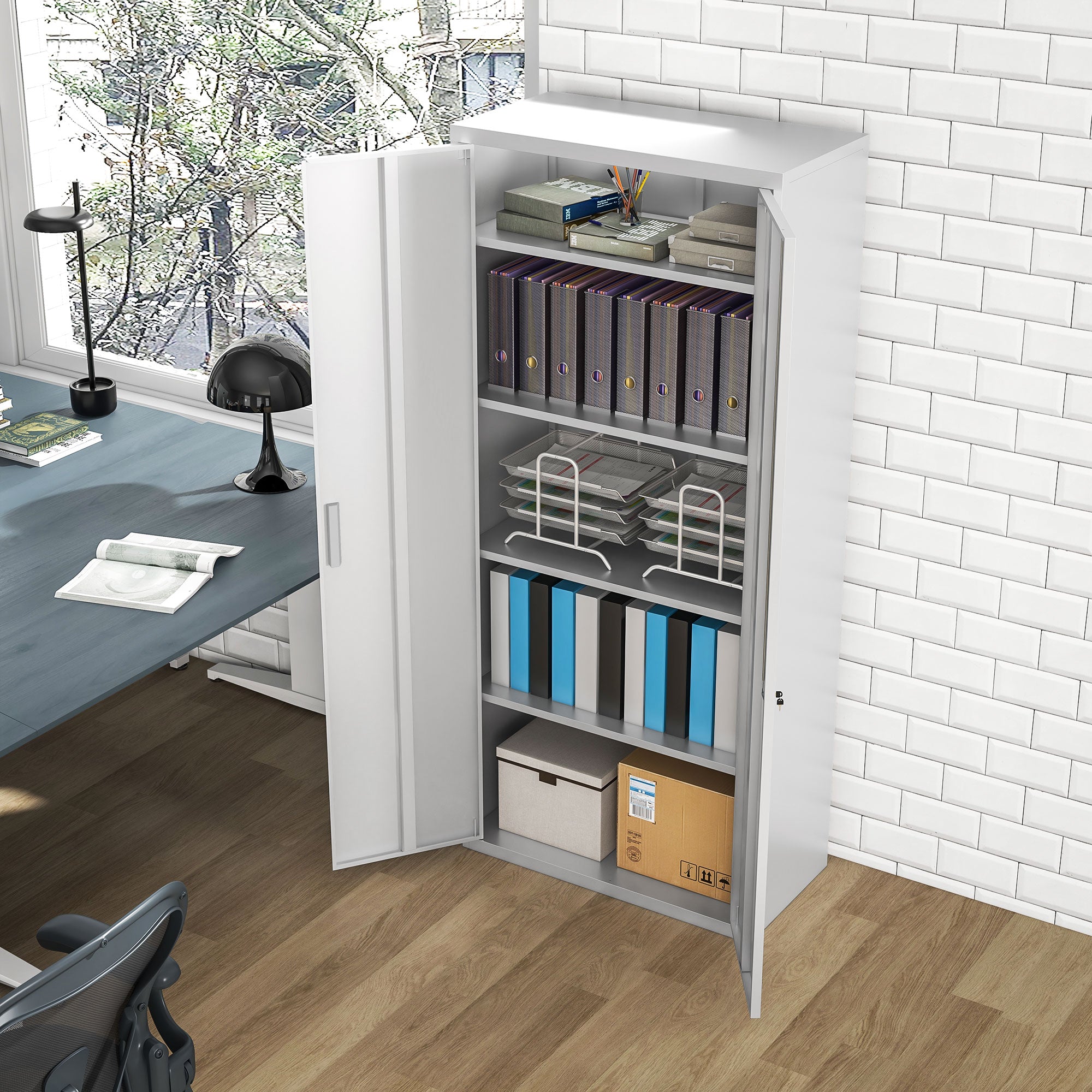 HOMCOM Five Shelf Lockable Steel Office Cabinet - White - North Peak Garden Furniture
