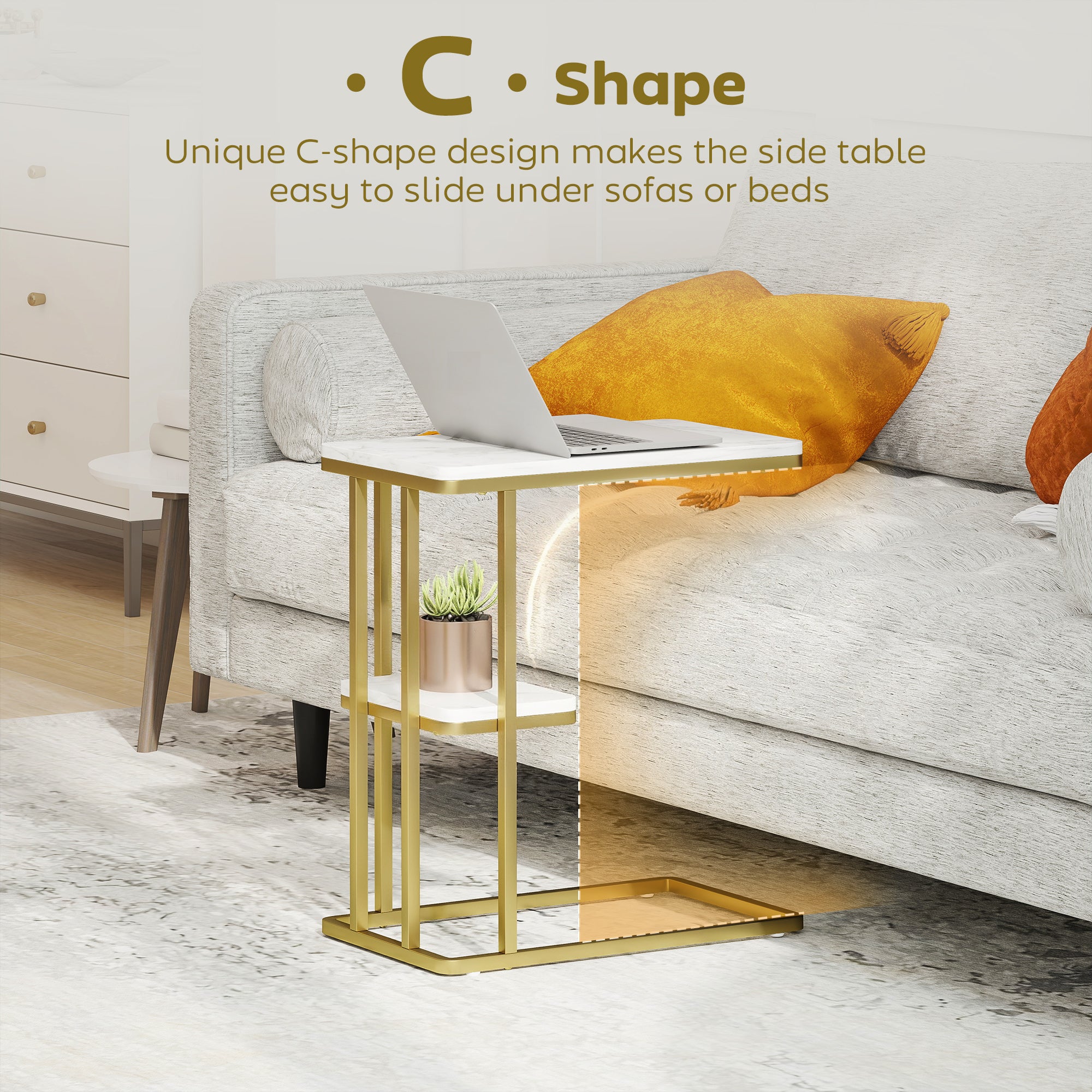 HOMCOM C-Shaped Narrow Side Table, 2-Tier Slim End Table, Nightstand for Small Spaces, Living Room, Bedroom, White Marble Grain