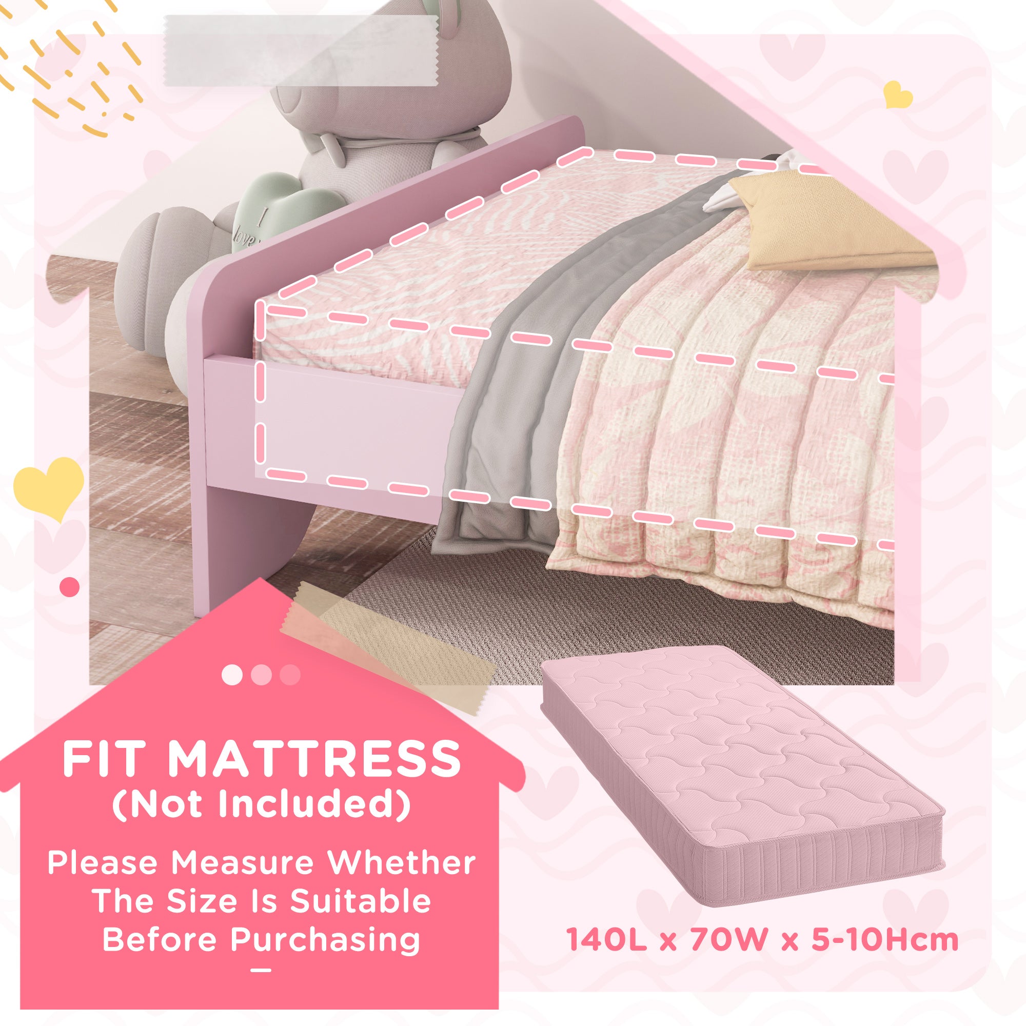 ZONEKIZ Bed for Kids Cat Design Toddler Bed Frame Bedroom Furniture with Guardrails, for 3-6 Years, 143L x 74W x 72Hcm - Pink - North Peak Garden Furniture