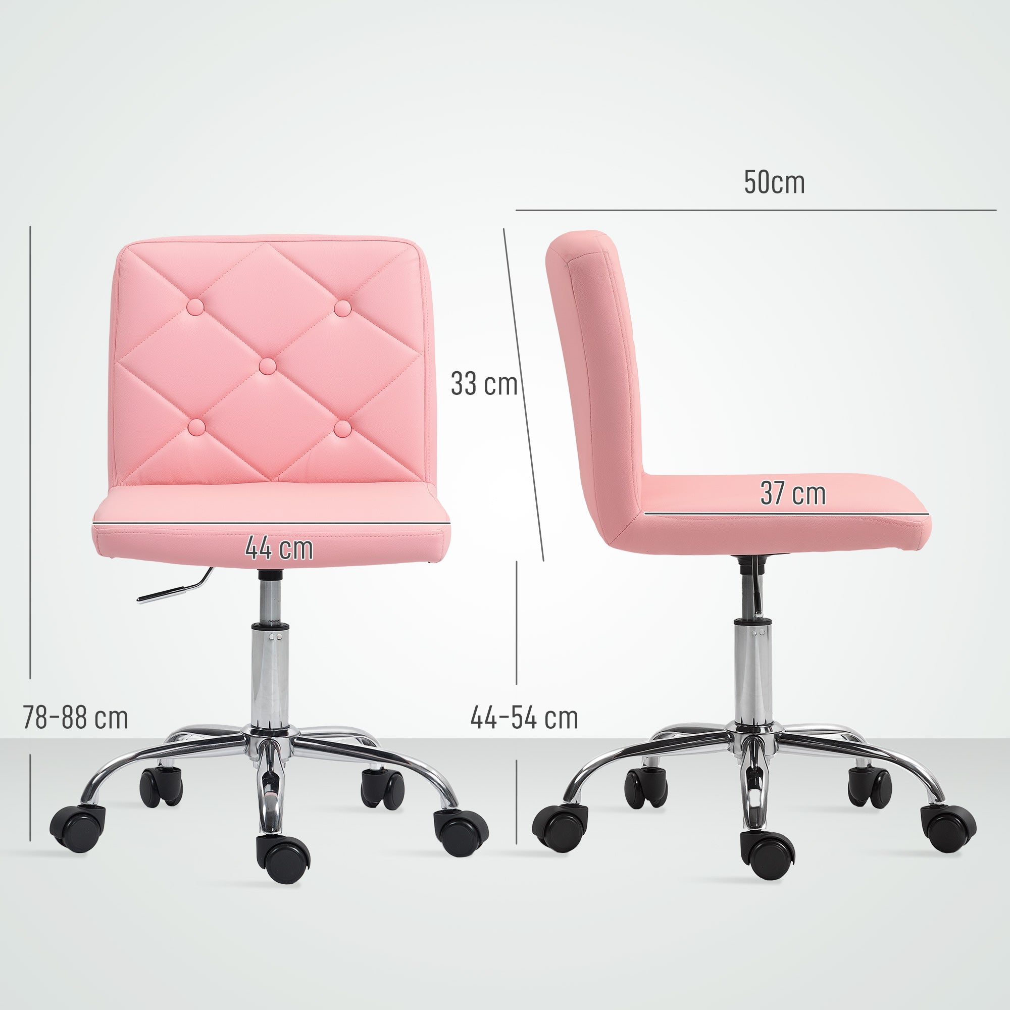 HOMCOM PU Leather Armless Office Chair, Modern Vanity Computer Swivel Chair with Rolling Wheels and Adjustable Height for Home Study, Bedroom, Pink - North Peak Garden Furniture
