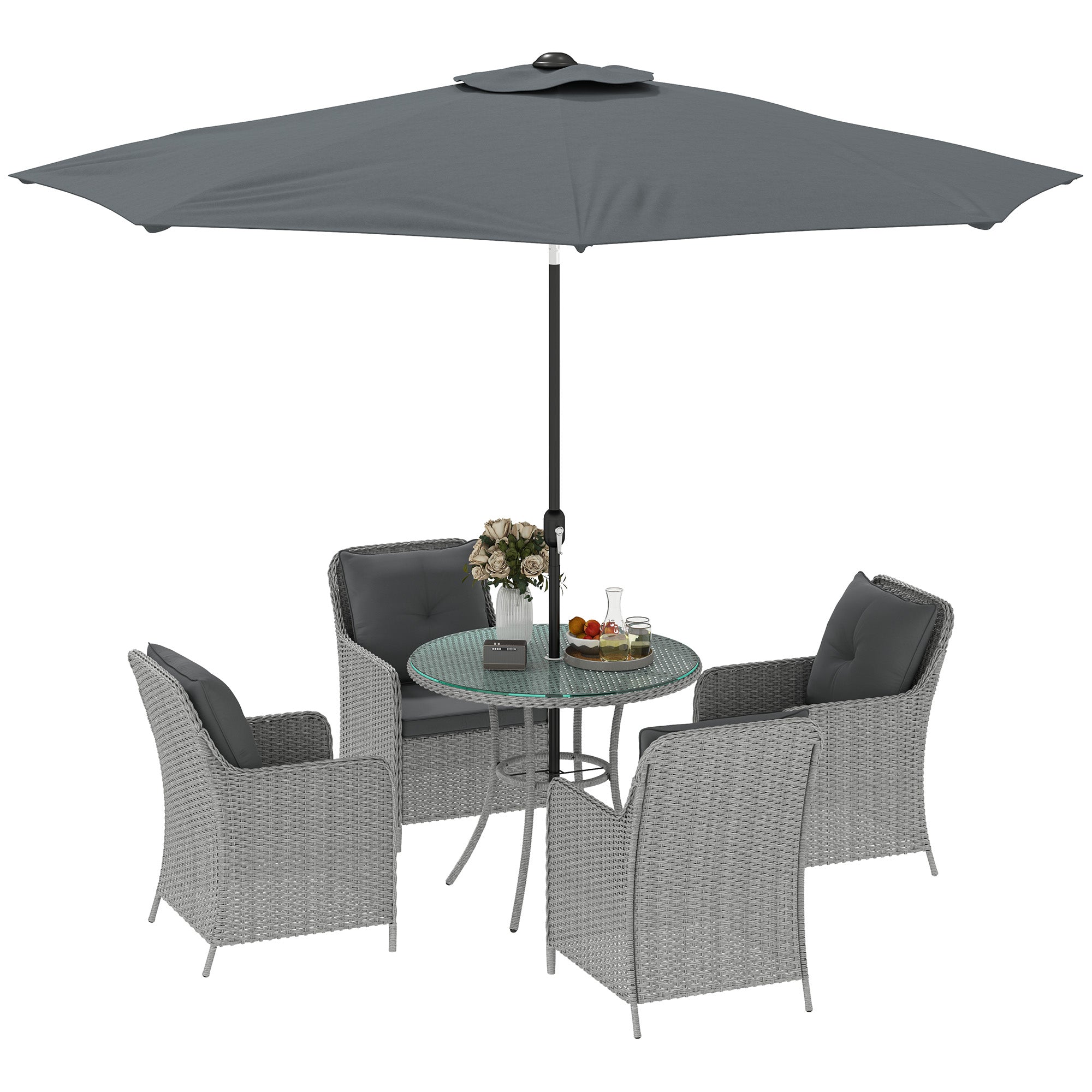 Outsunny 4 Seater Rattan Dining Set with Parasol & Cushions - Light Grey - North Peak Garden Furniture