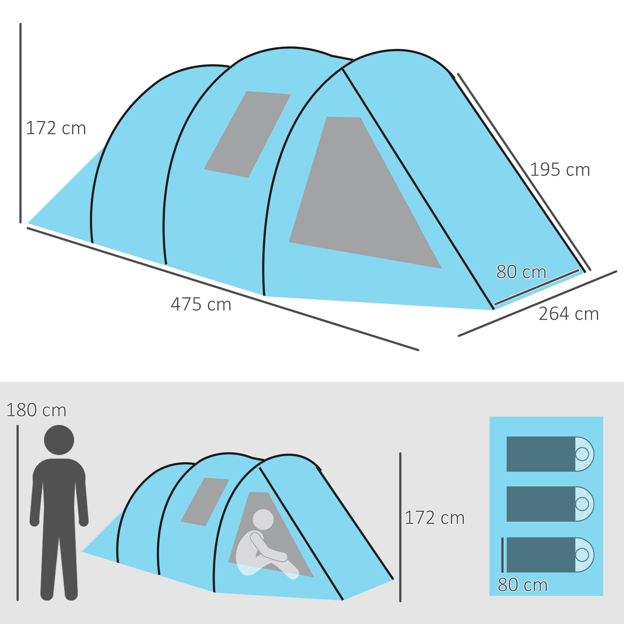 Outsunny 3-4 Man Tunnel Tent, Two Room Camping Tent with Windows and Covers, Portable Carry Bag, for Fishing, Hiking, Sports, Festival - Blue - North Peak Garden Furniture