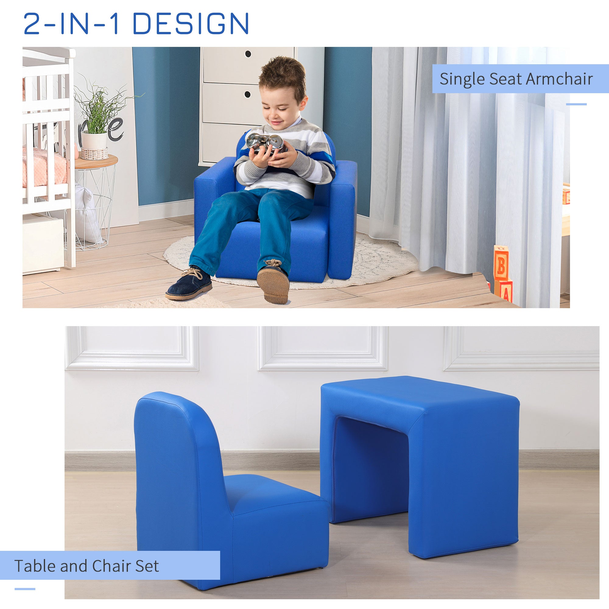 HOMCOM 2 In 1 Toddler Sofa Chair, 48 x 44 x 41 cm, for Game Relax Playroom, Blue - North Peak Garden Furniture