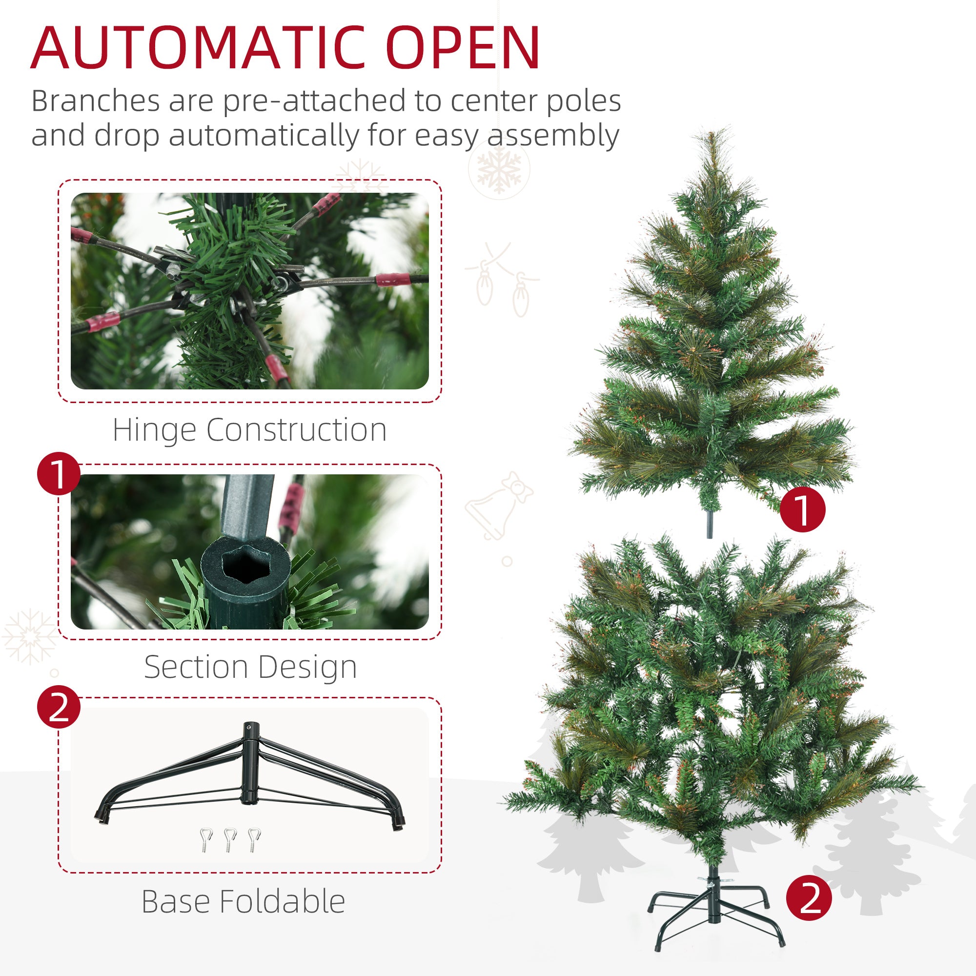 HOMCOM 1.5m 5ft Pre-Lit Christmas Tree Artificial Spruce Xmas Tree Warm White LED Holiday Décor with Metal Stand - North Peak Garden Furniture