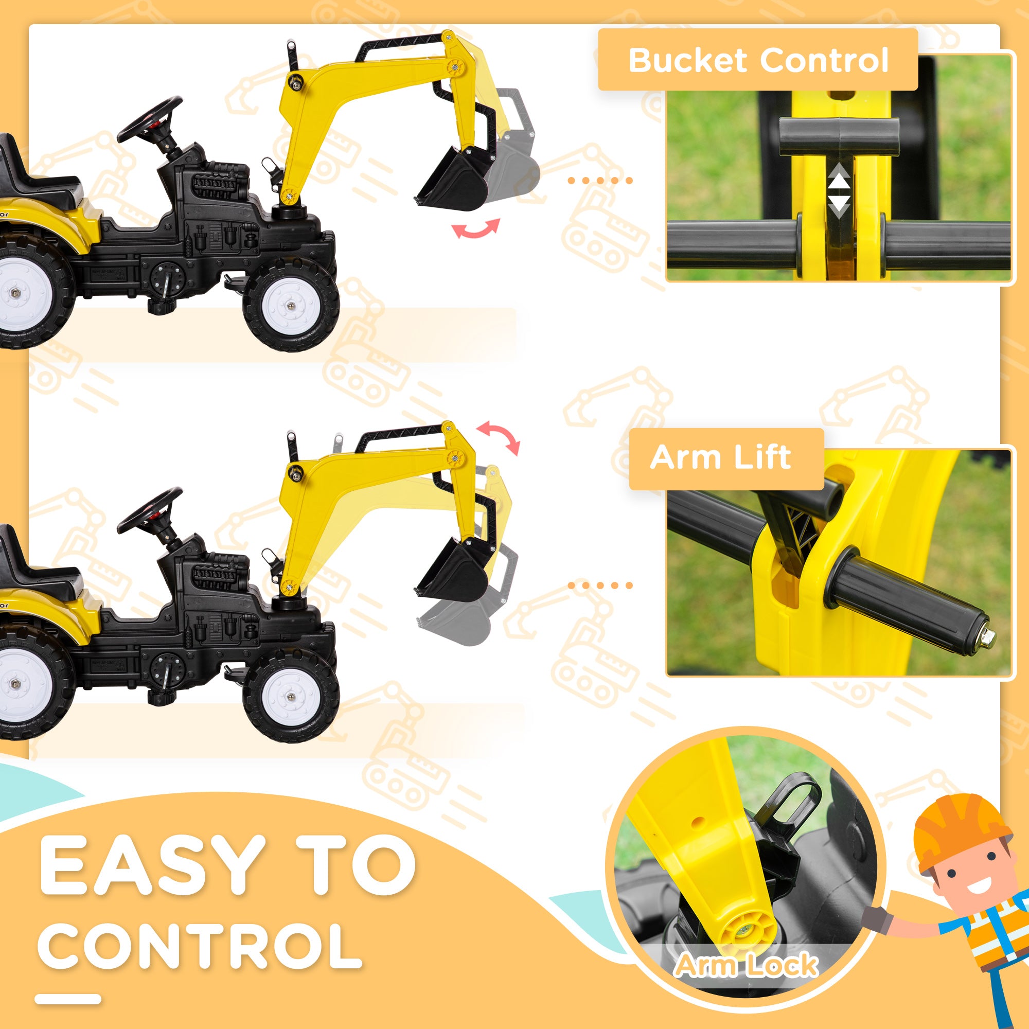 HOMCOM Kids Ride on Digger Pedal Go Kart Pretend Play Construction No Power Truck with Horn for 3 - 6 Years, Yellow - North Peak Garden Furniture