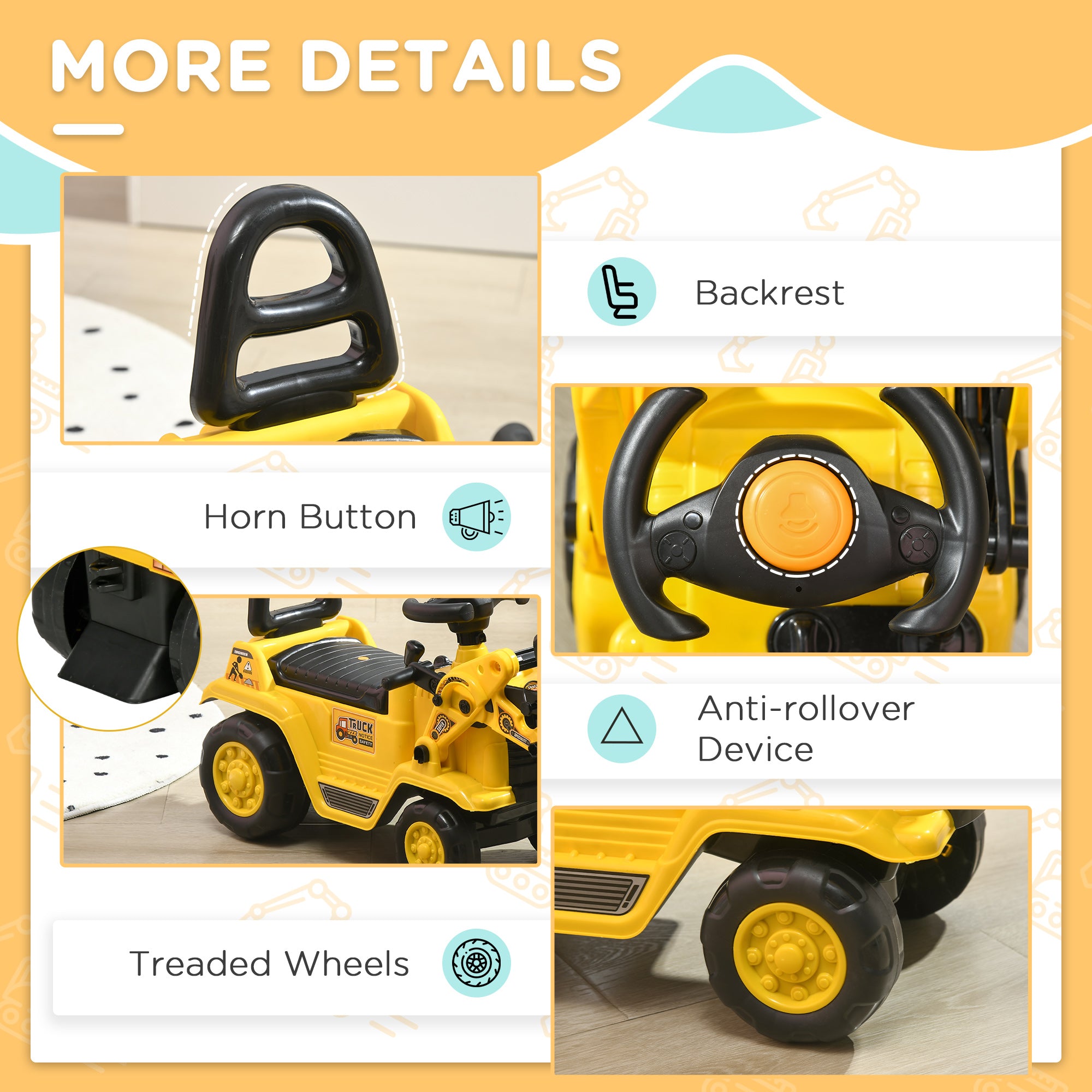 HOMCOM NO POWER 3 in 1 Ride On Toy Bulldozer Toddler Digger Excavator Scooter Storage Cart Toilet Pretend Play Construction Truck - North Peak Garden Furniture