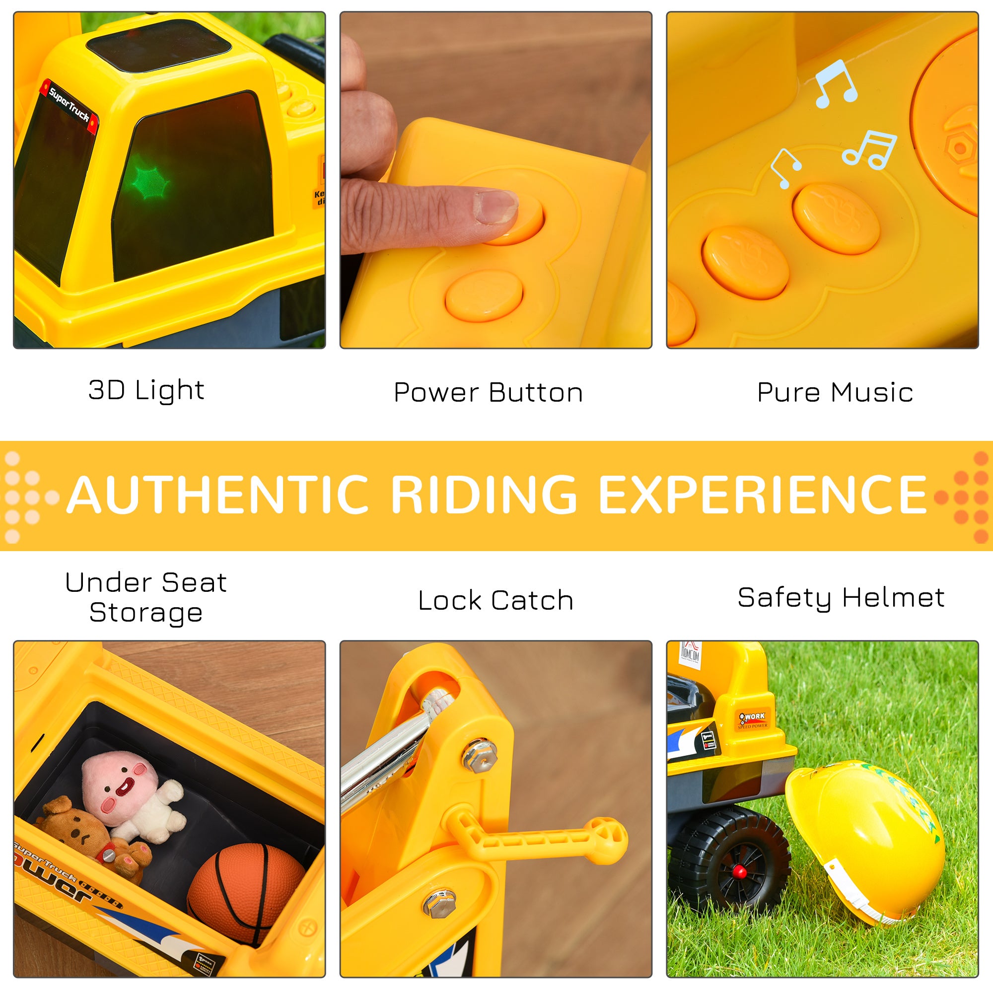 HOMCOM 2 in 1 Ride on Excavator Digger No Power Detachable Digging Bucket and Grab Bucket Music Light for 2-3 Years Old - North Peak Garden Furniture