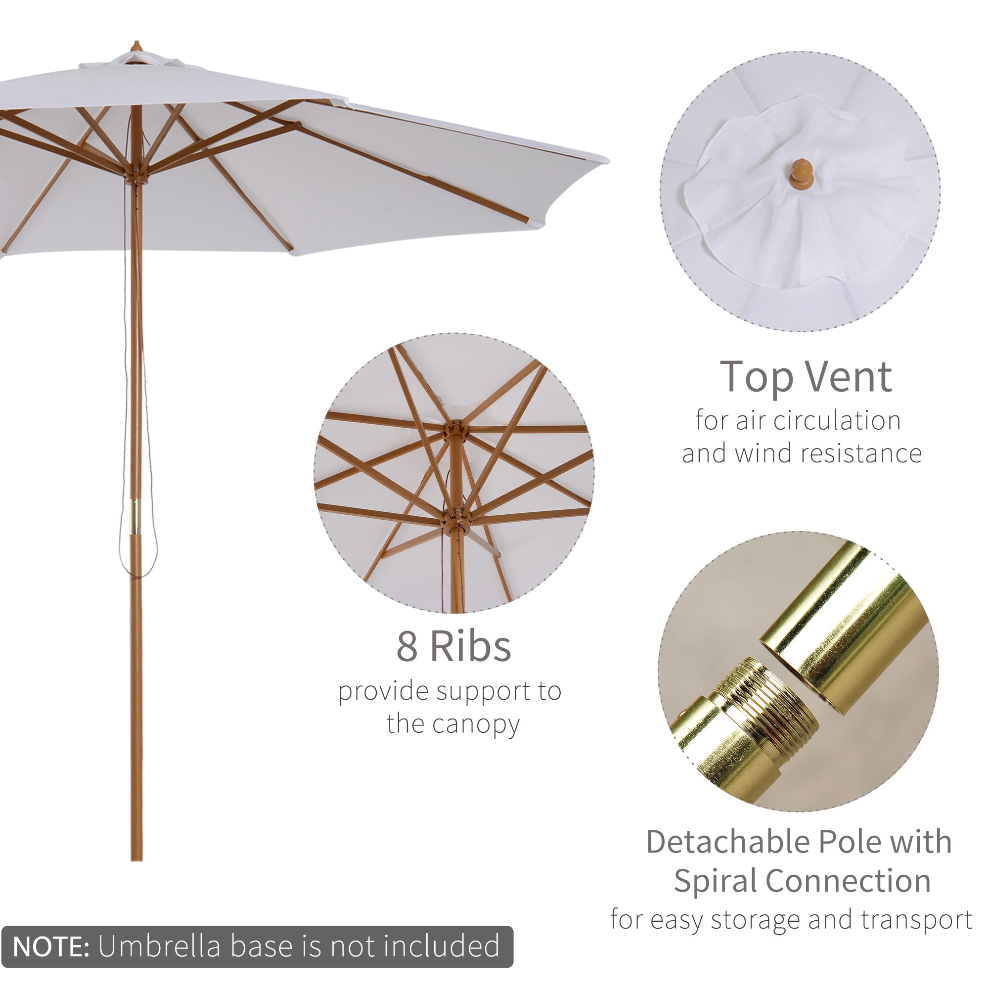 Outsunny 3(m) Garden Parasol, Pulley Operated Patio Umbrella, Wooden Table Market Umbrella with Rope Pulley Mechanism and 8 Ribs, Cream White - North Peak Garden Furniture
