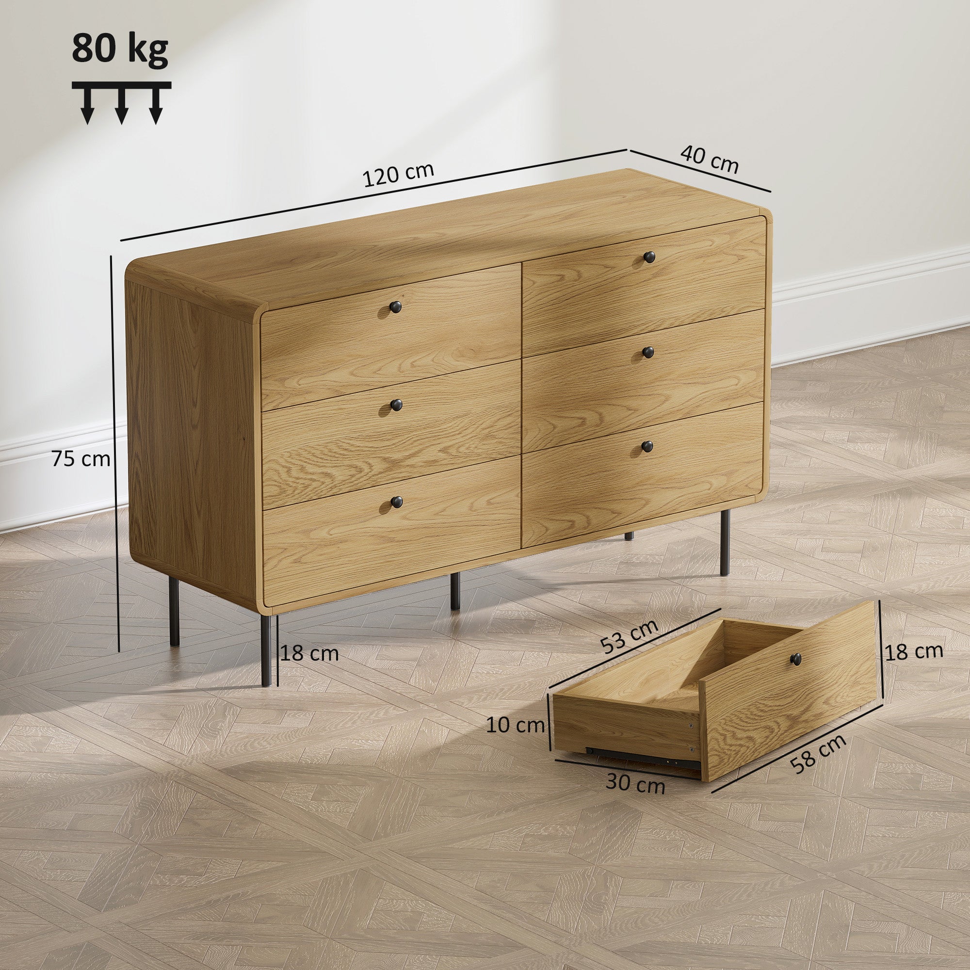 HOMCOM Chest of Drawers, 6 Drawer Dresser - Oak