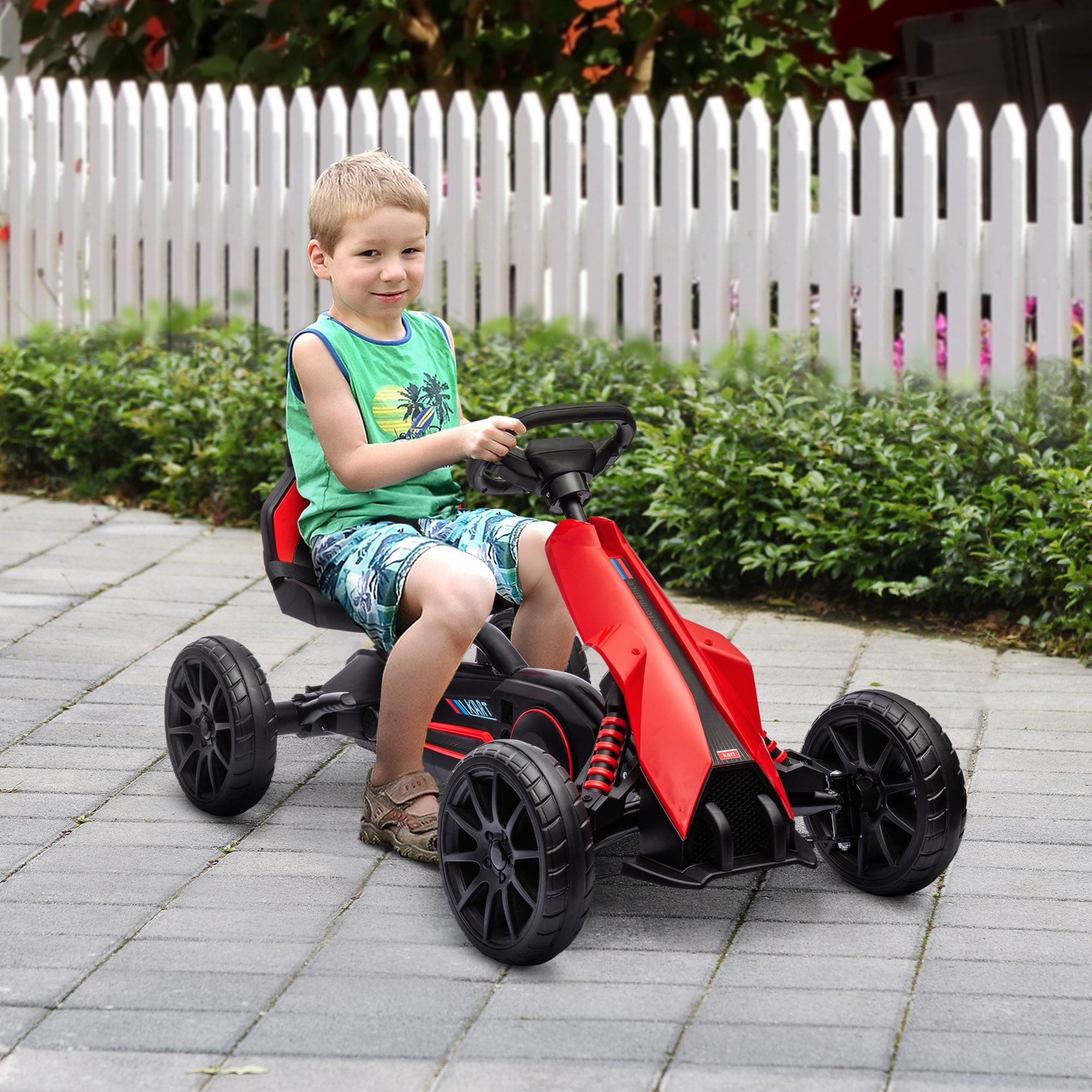 HOMCOM Kids Pedal Go Kart, with Adjustable Seat, EVA Wheels, Seat, Handbrake - Red - North Peak Garden Furniture